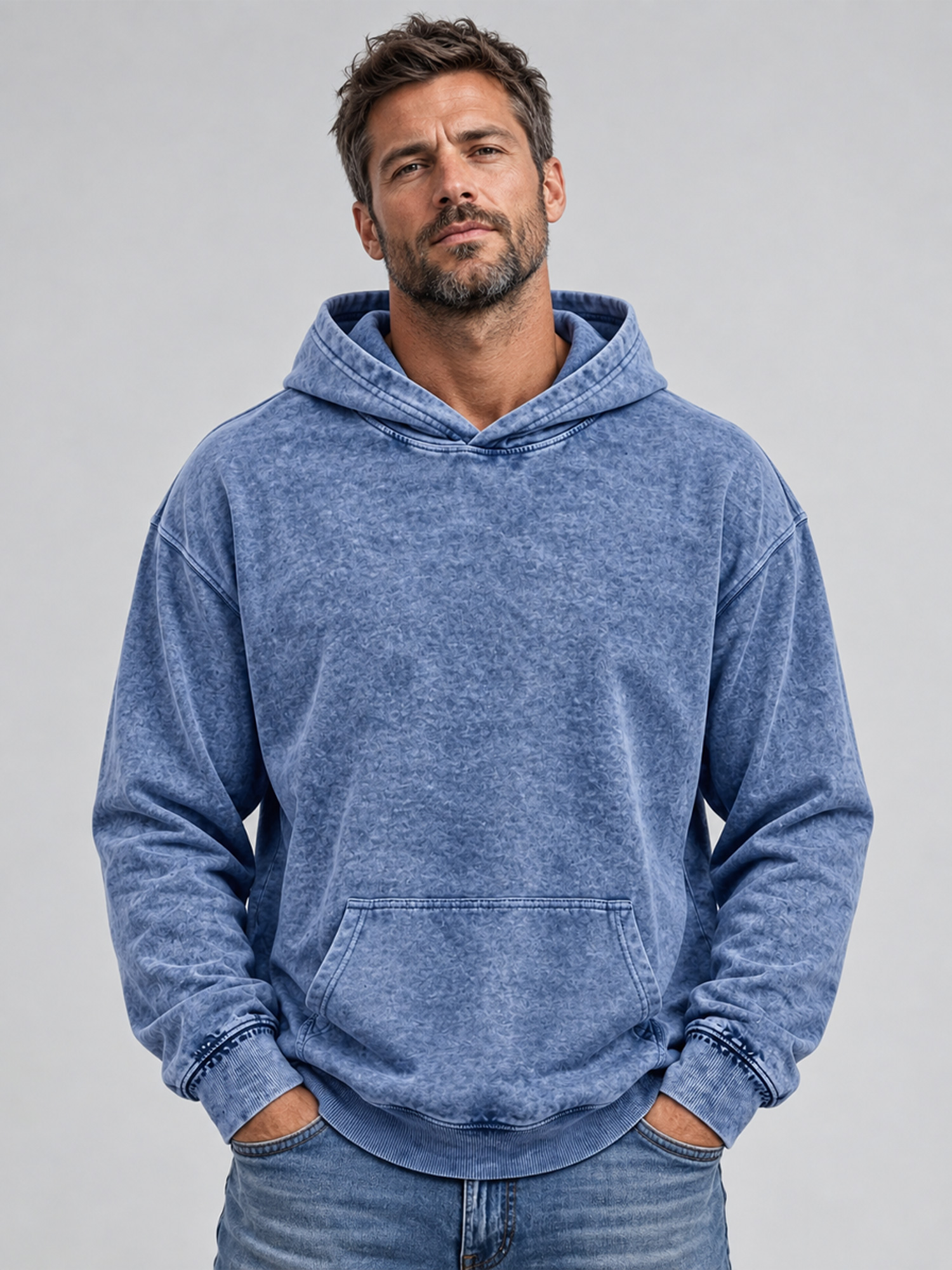 Men's Washed Cotton Hooded Sweatshirt with Pockets and Distressed Finish