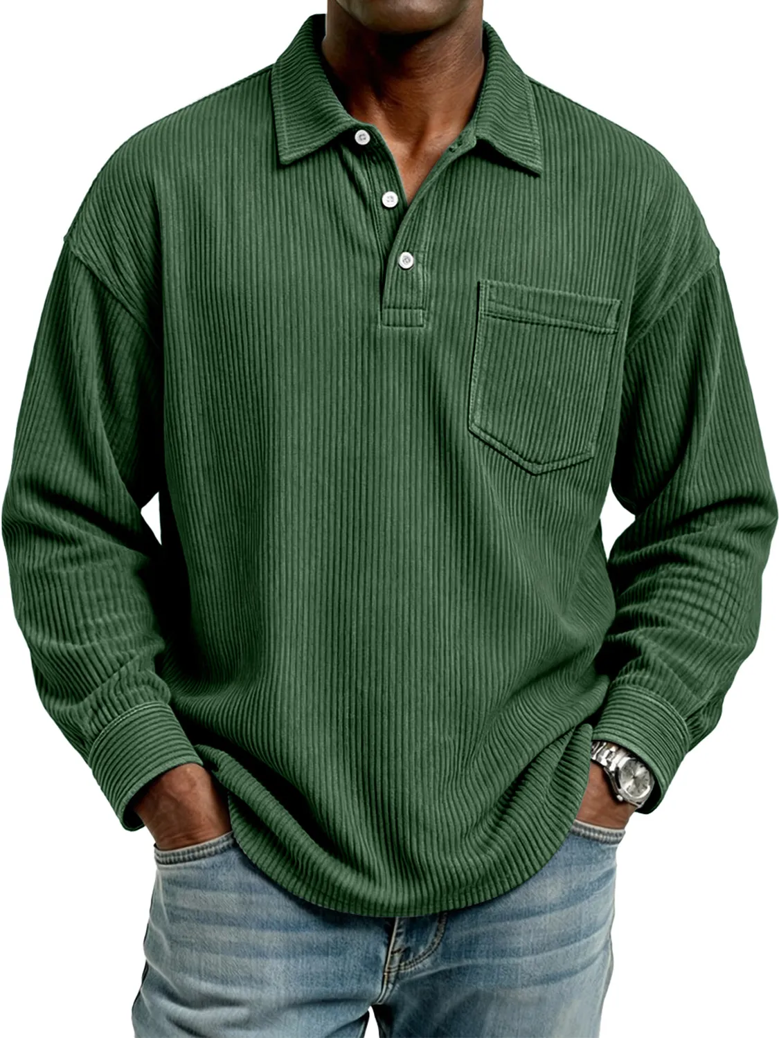 Men's Retro Corduroy Lapel Button Casual Pocket Long-Sleeve Polo Shirt