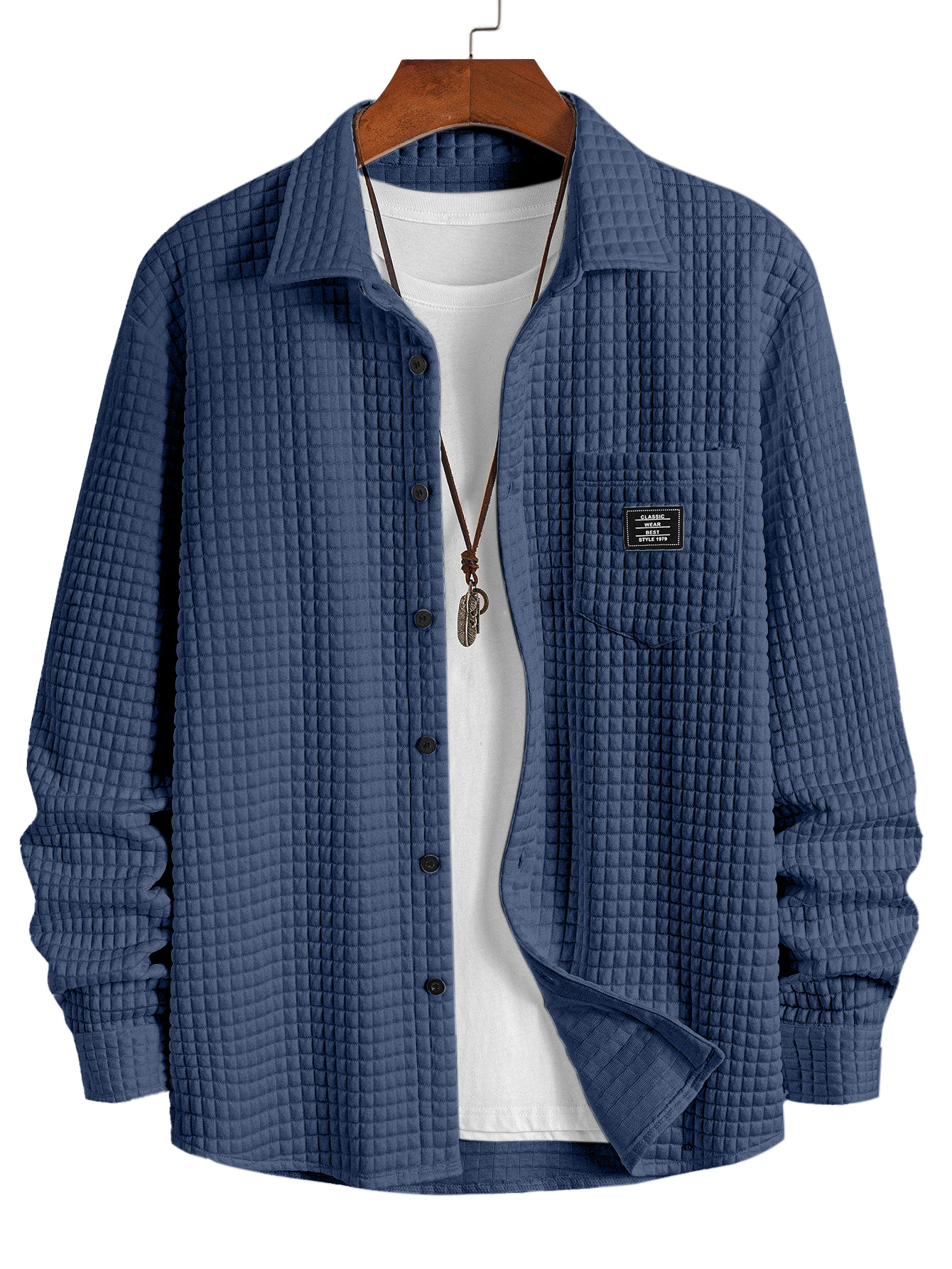 Men's Casual Solid Color Plaid Texture Long-Sleeve Polo Shirt with Chest Pocket