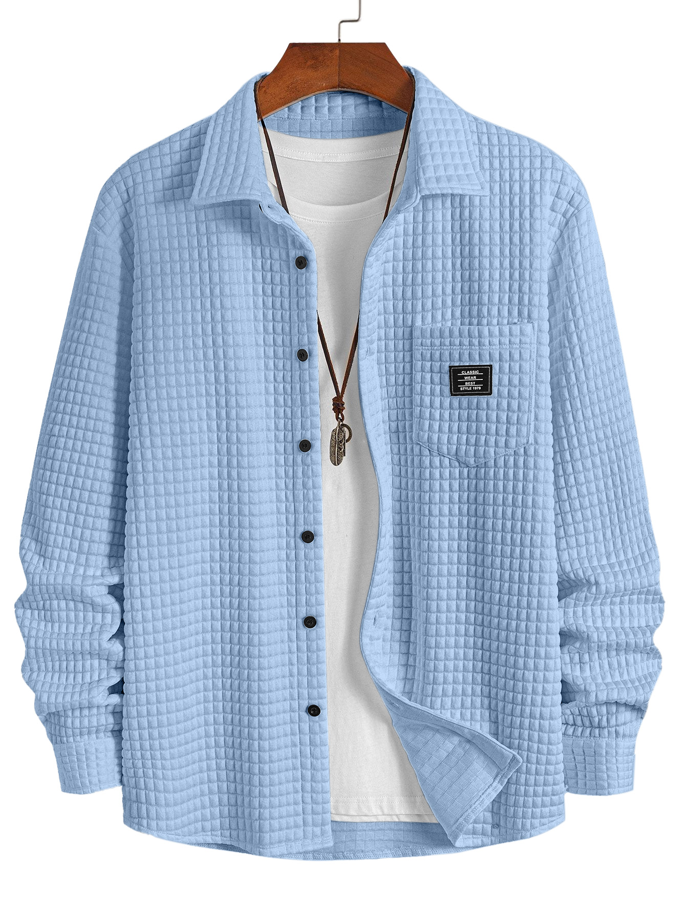 Men's Casual Solid Color Plaid Texture Long-Sleeve Polo Shirt with Chest Pocket