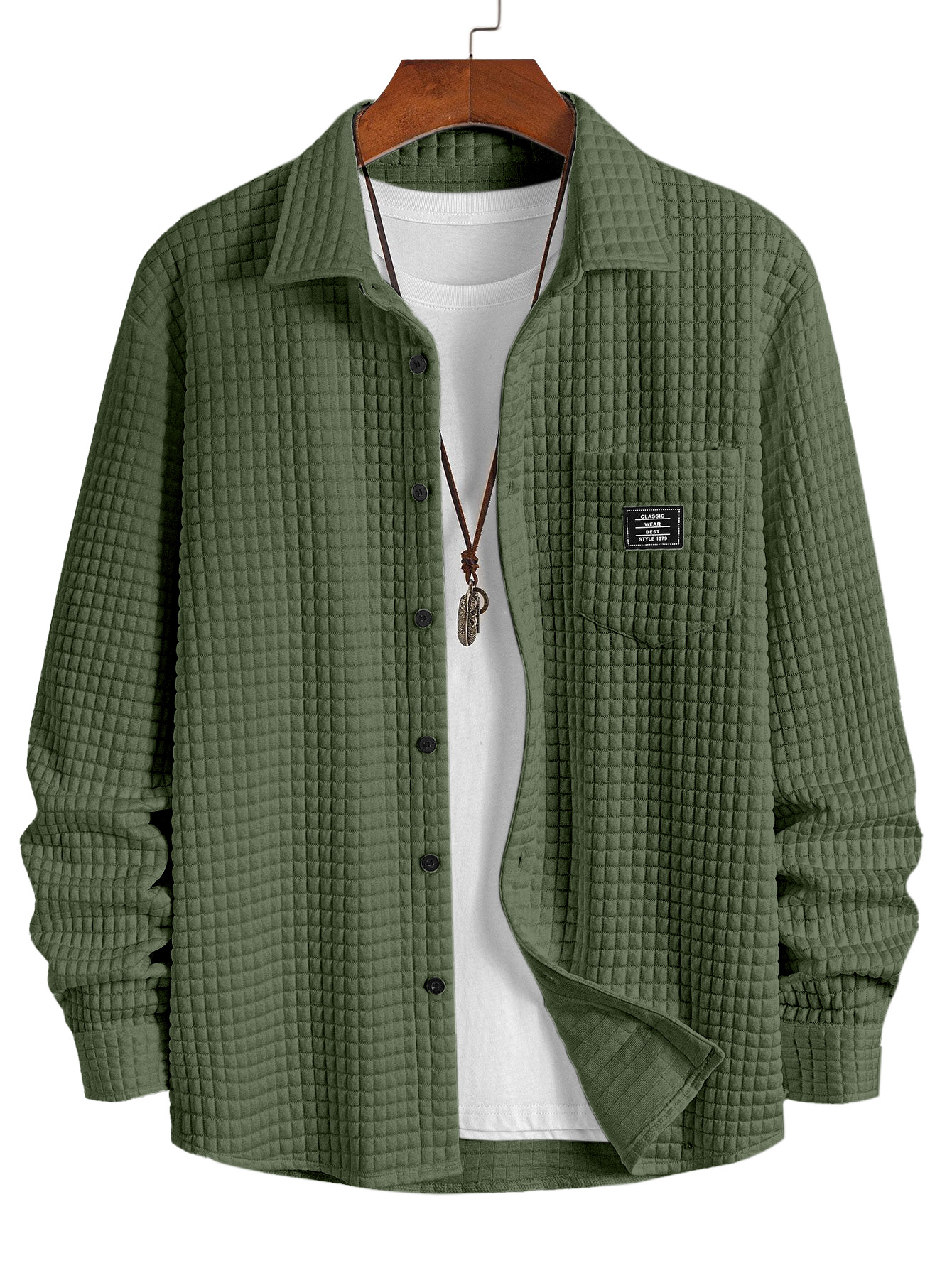 Men's Casual Solid Color Plaid Texture Long-Sleeve Polo Shirt with Chest Pocket