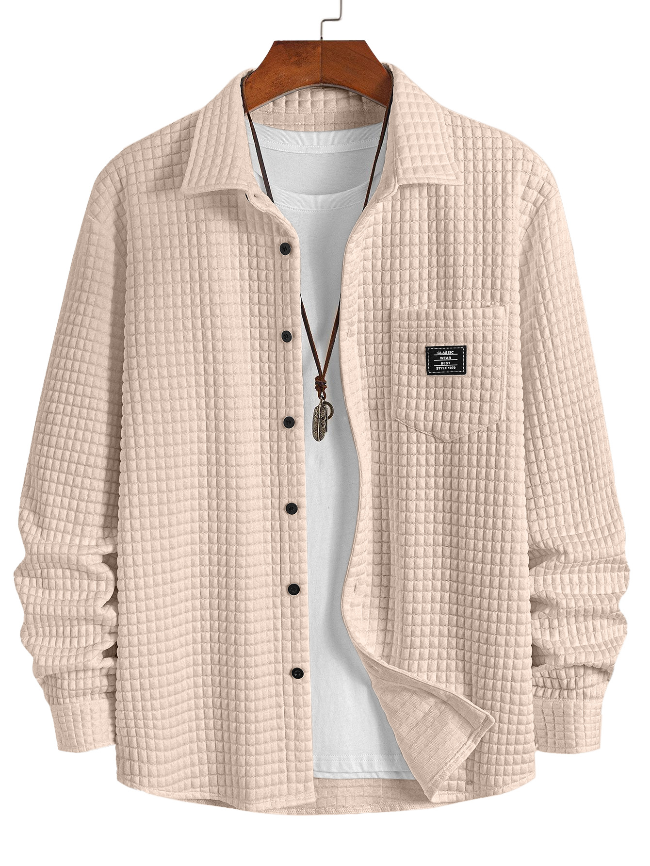 Men's Casual Solid Color Plaid Texture Long-Sleeve Polo Shirt with Chest Pocket