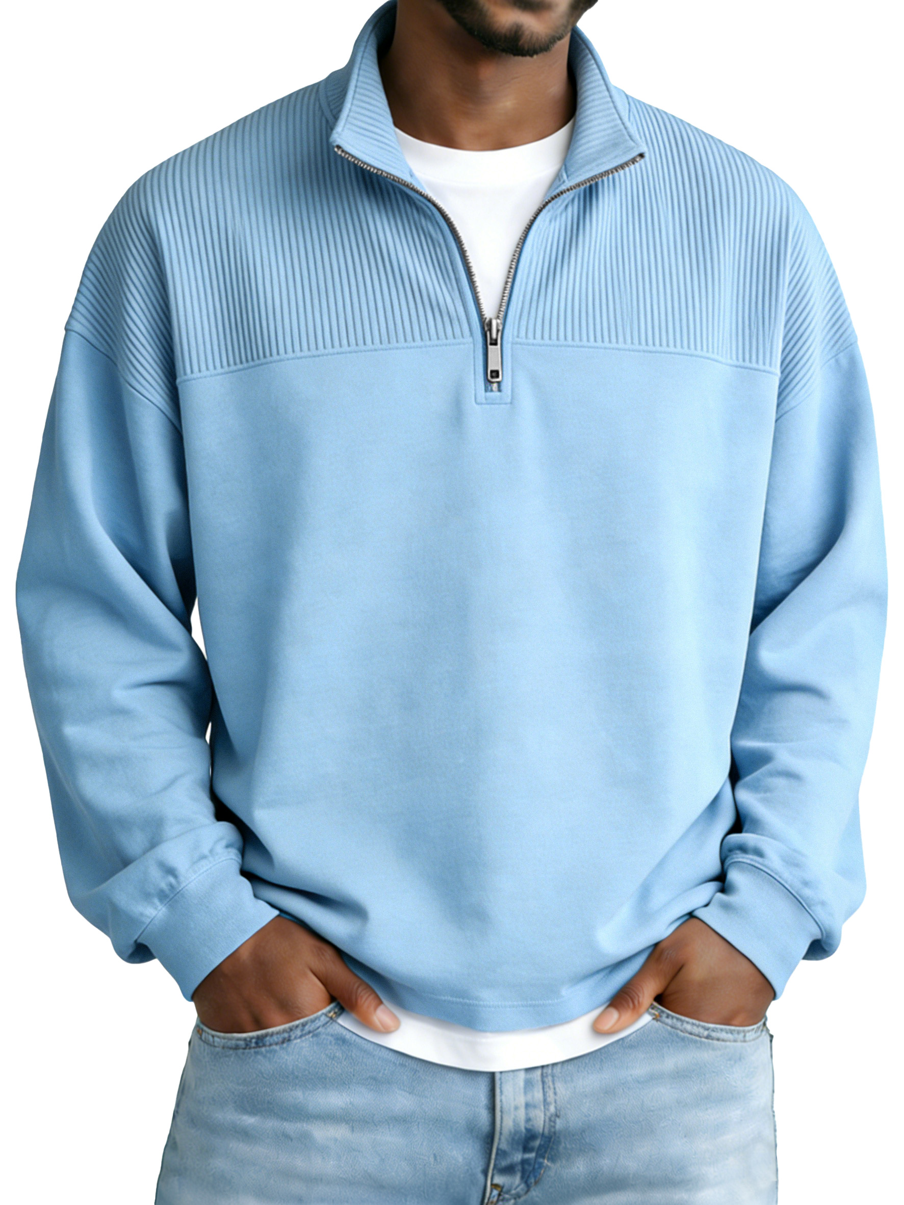 Men's Basic Ribbed Panel Zip-up Stand Collar Long-sleeve Polo Shirt