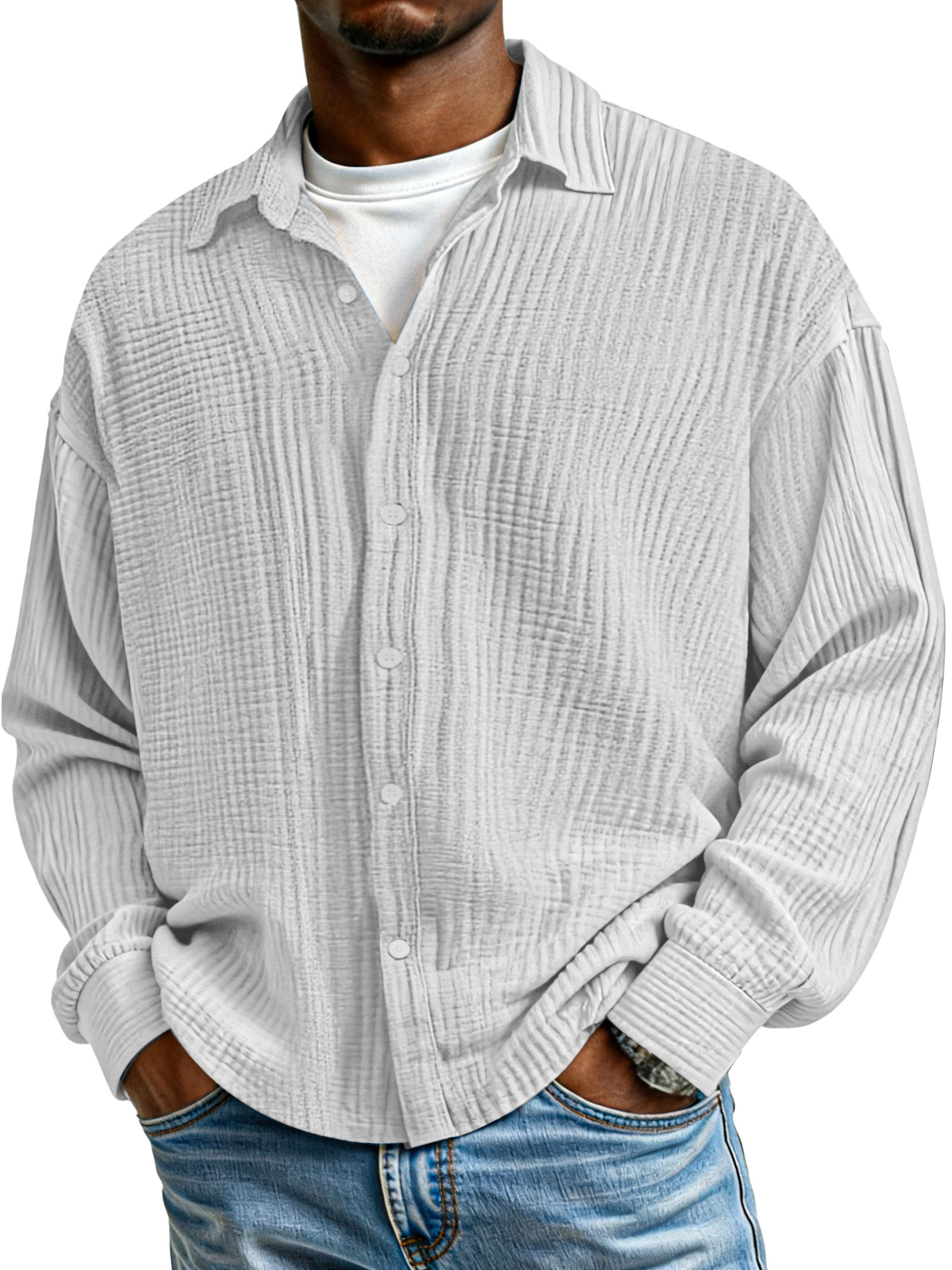 Men's Simple Solid Color Pure Cotton Pleated Loose Long-sleeved Shirt