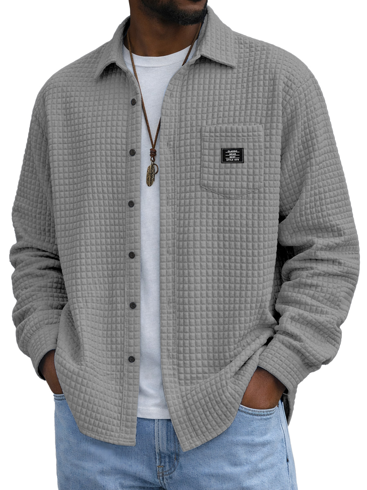 Men's Casual Solid Color Plaid Texture Long-Sleeve Polo Shirt with Chest Pocket