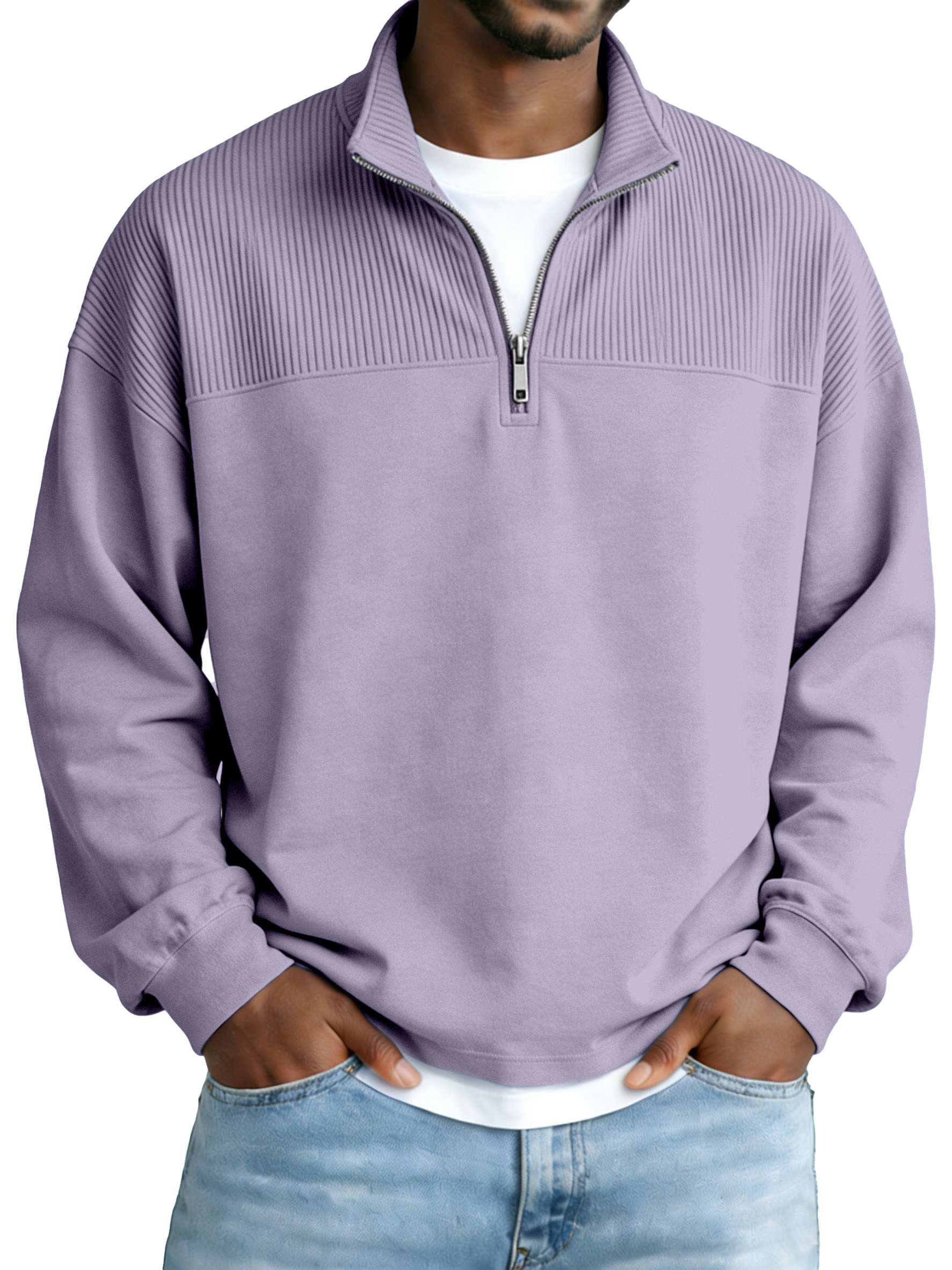 Men's Basic Ribbed Panel Zip-up Stand Collar Long-sleeve Polo Shirt