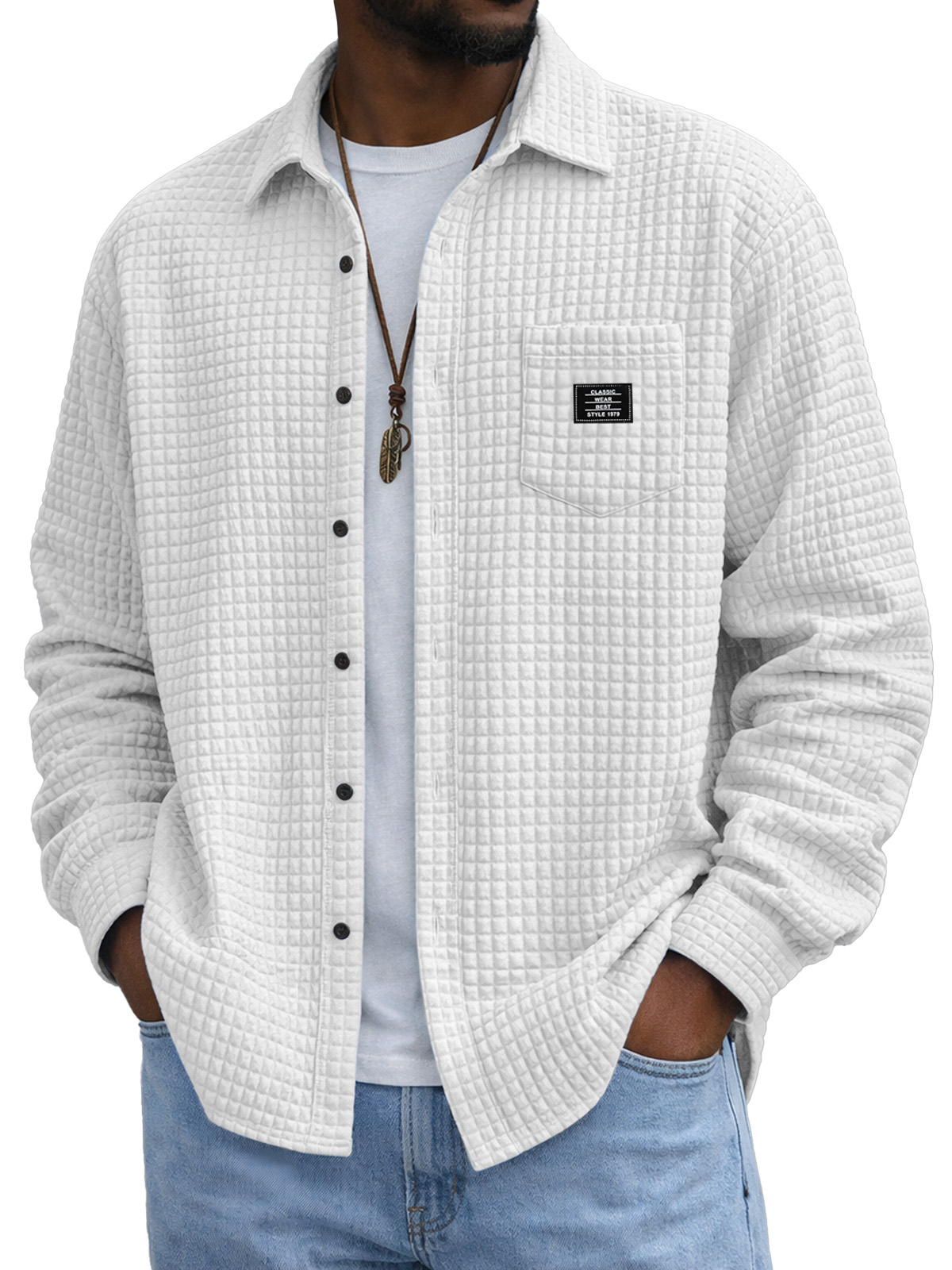 Men's Casual Solid Color Plaid Texture Long-Sleeve Polo Shirt with Chest Pocket