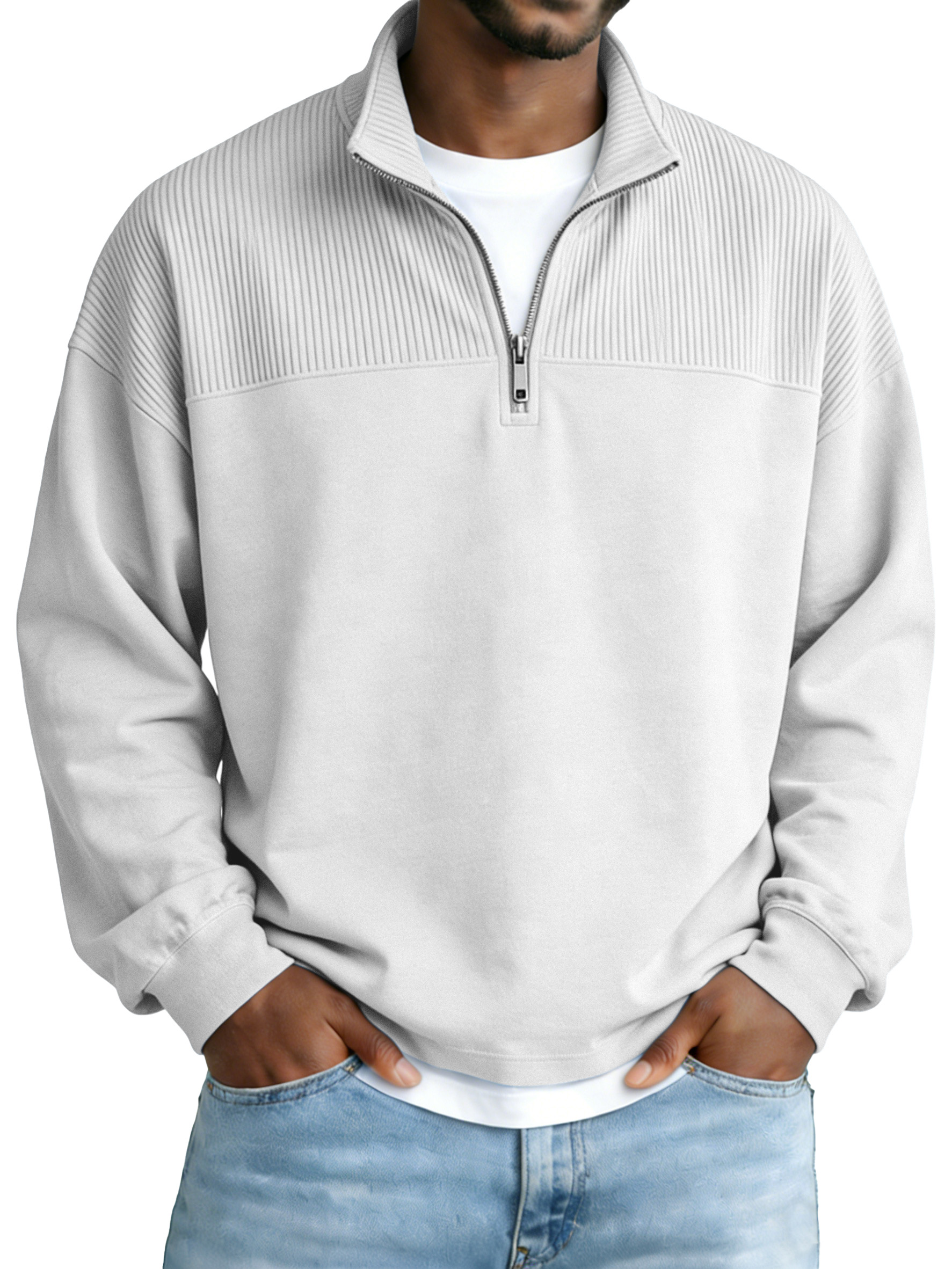 Men's Basic Ribbed Panel Zip-up Stand Collar Long-sleeve Polo Shirt