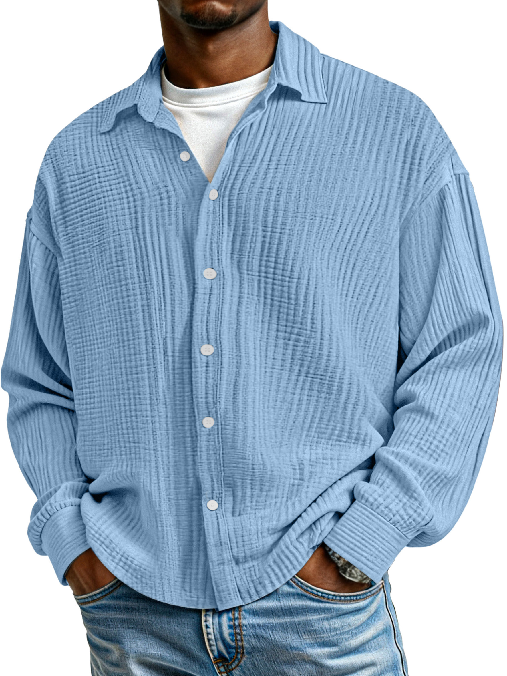 Men's Simple Solid Color Pure Cotton Pleated Loose Long-sleeved Shirt