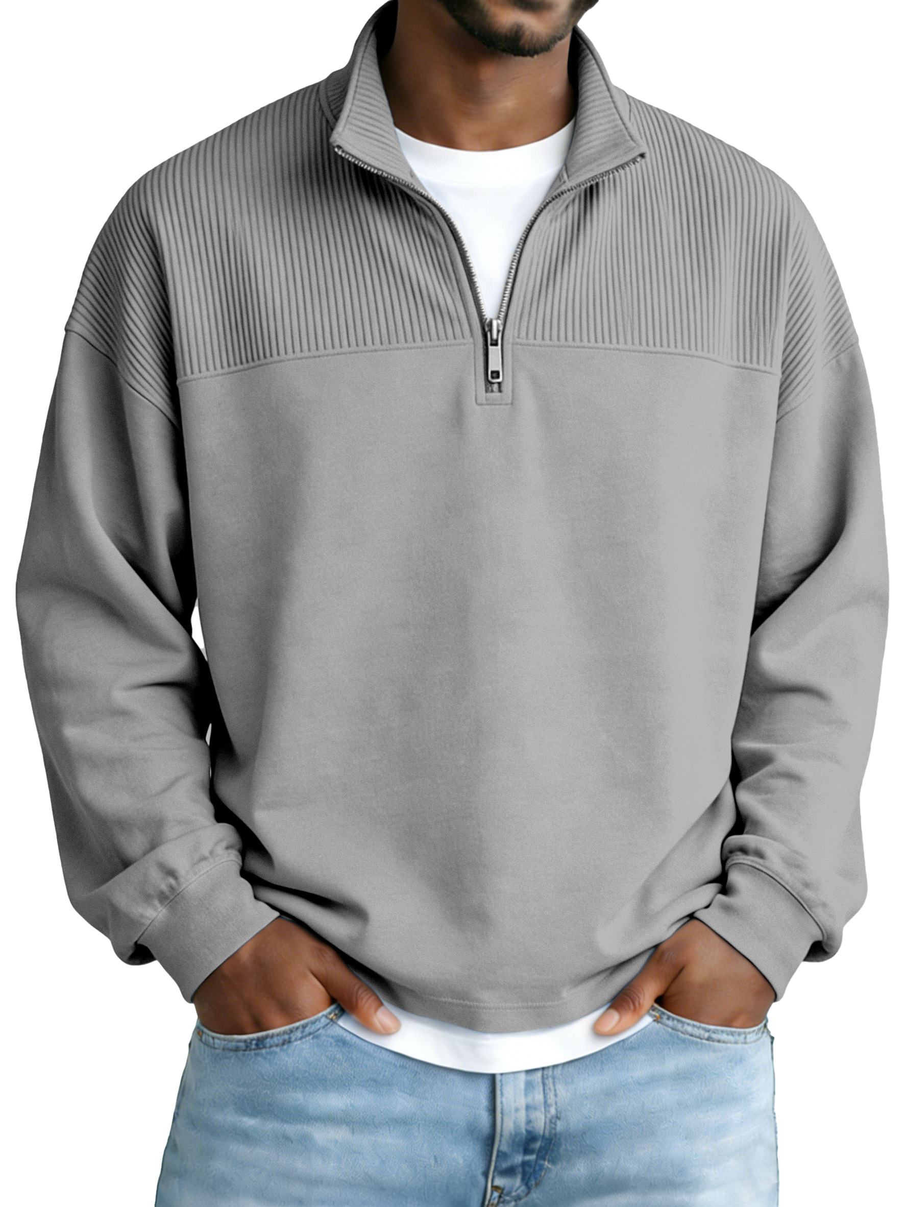 Men's Basic Ribbed Panel Zip-up Stand Collar Long-sleeve Polo Shirt