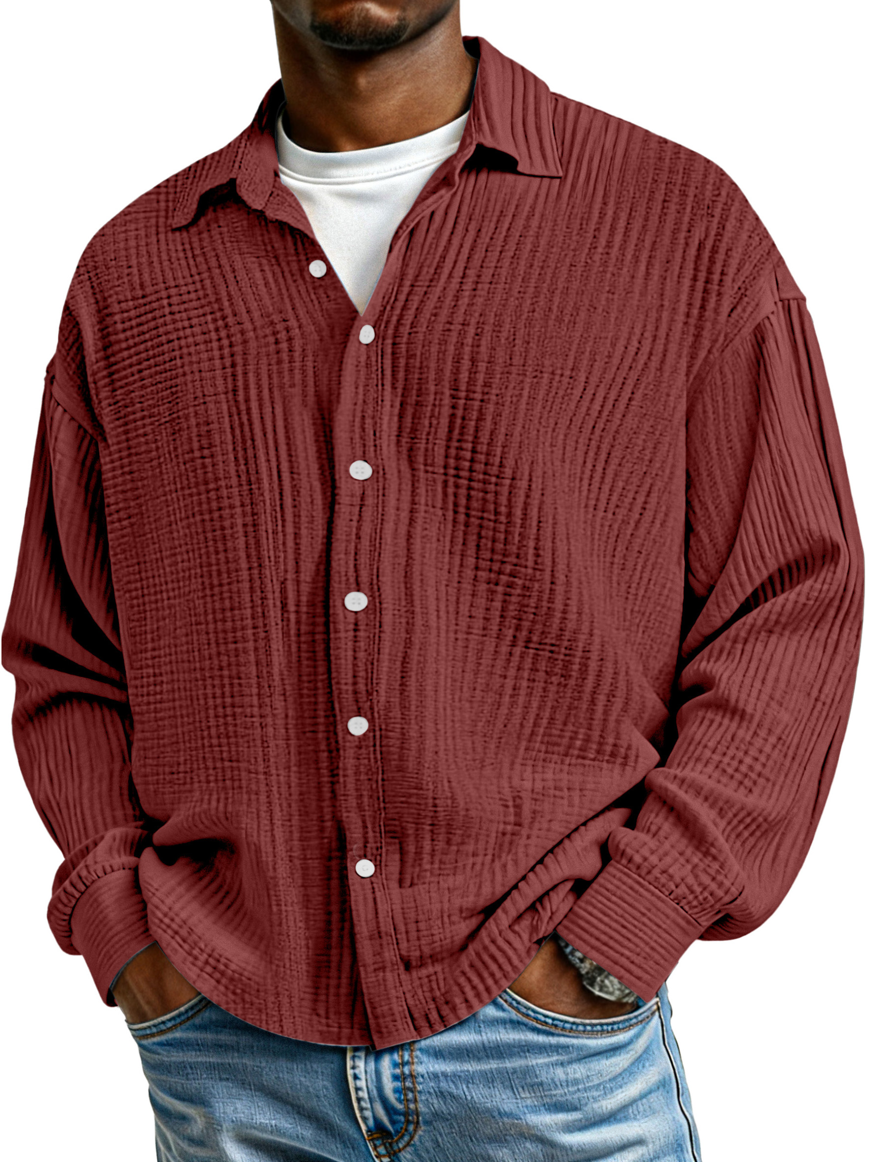 Men's Simple Solid Color Pure Cotton Pleated Loose Long-sleeved Shirt