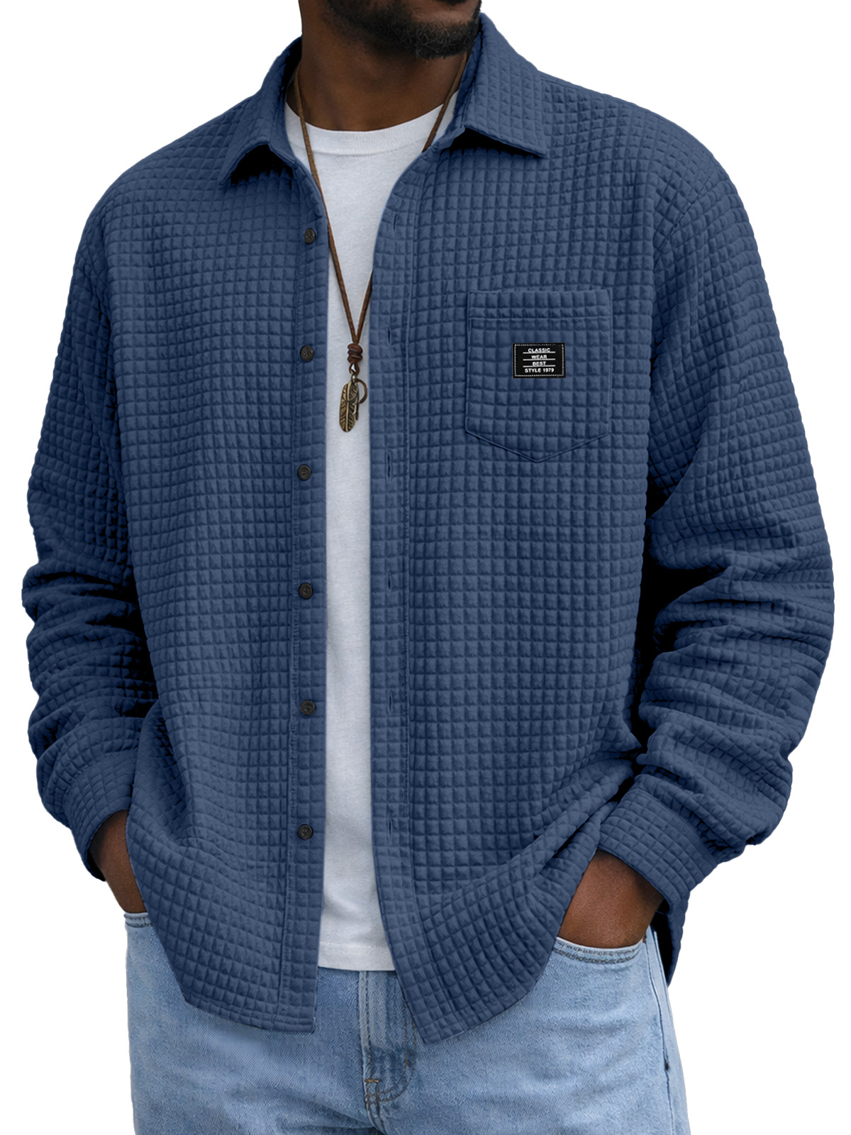 Men's Casual Solid Color Plaid Texture Long-Sleeve Polo Shirt with Chest Pocket