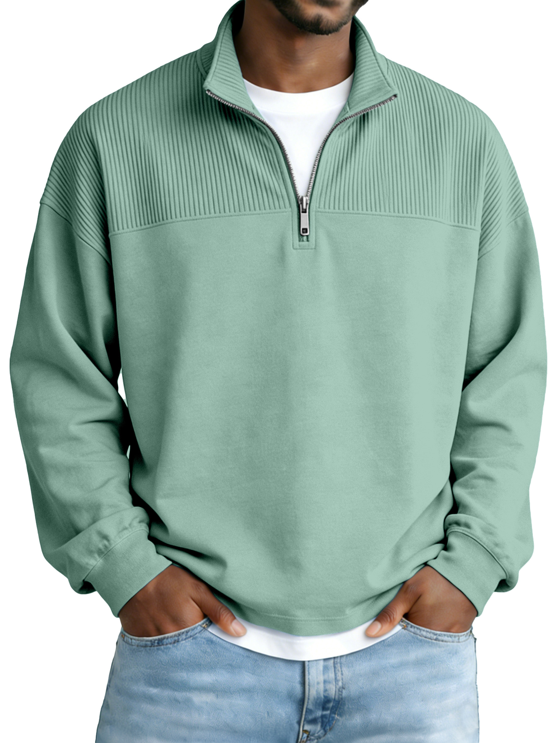 Men's Basic Ribbed Panel Zip-up Stand Collar Long-sleeve Polo Shirt