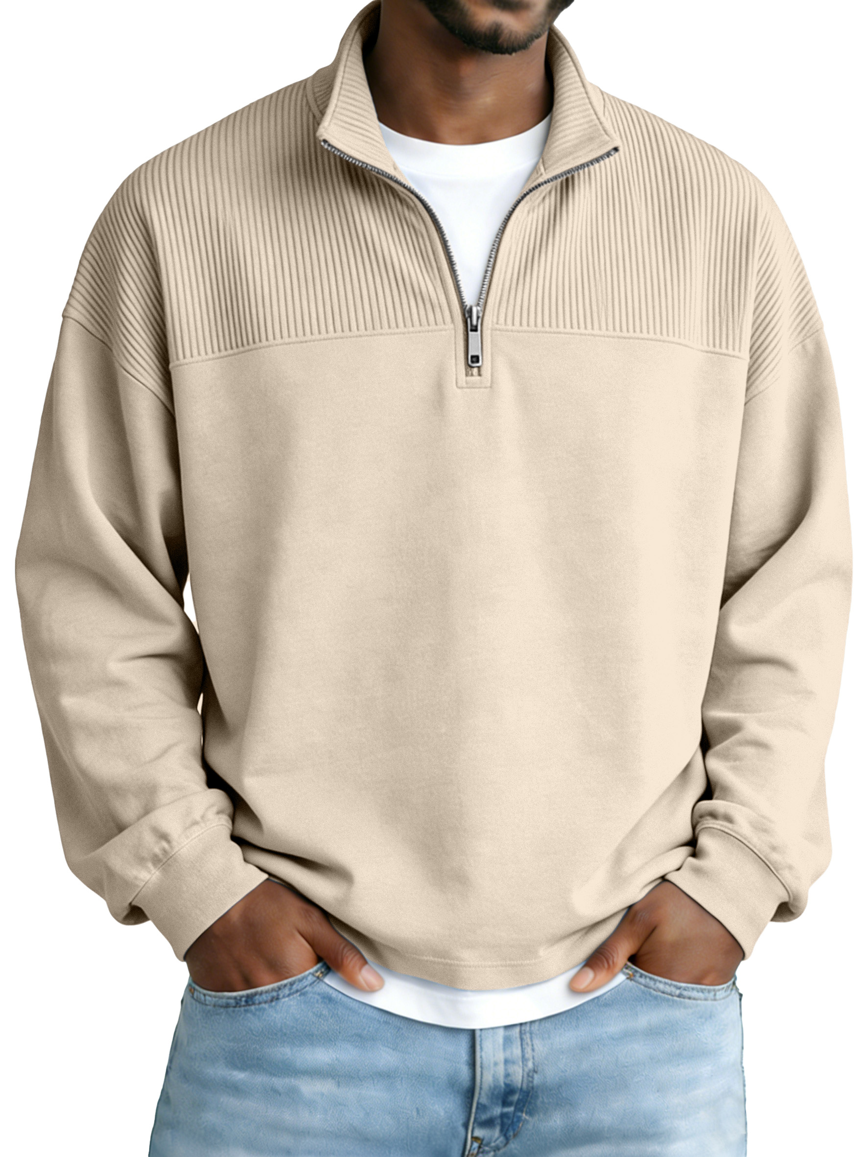 Men's Basic Ribbed Panel Zip-up Stand Collar Long-sleeve Polo Shirt