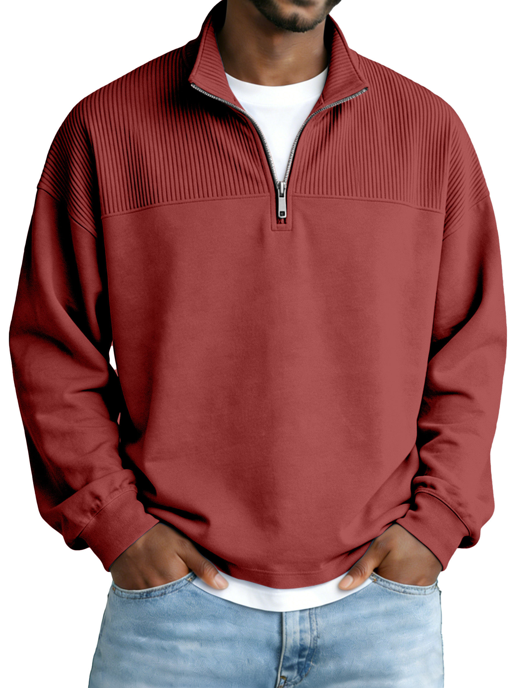 Men's Basic Ribbed Panel Zip-up Stand Collar Long-sleeve Polo Shirt