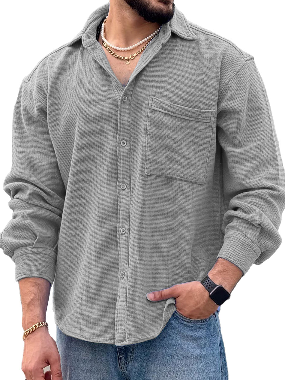 Men's Fashionable Casual Long-Sleeved Shirt with Turn-Down Collar and Pockets