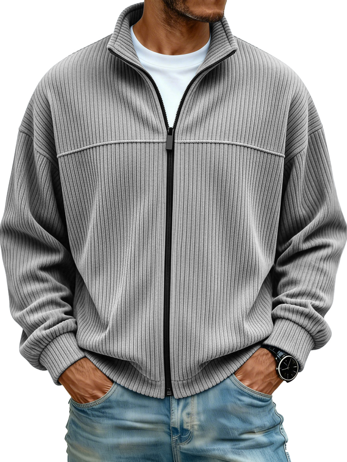 Men's Simple Stand Collar Ribbed Casual Loose-fitting Jacket