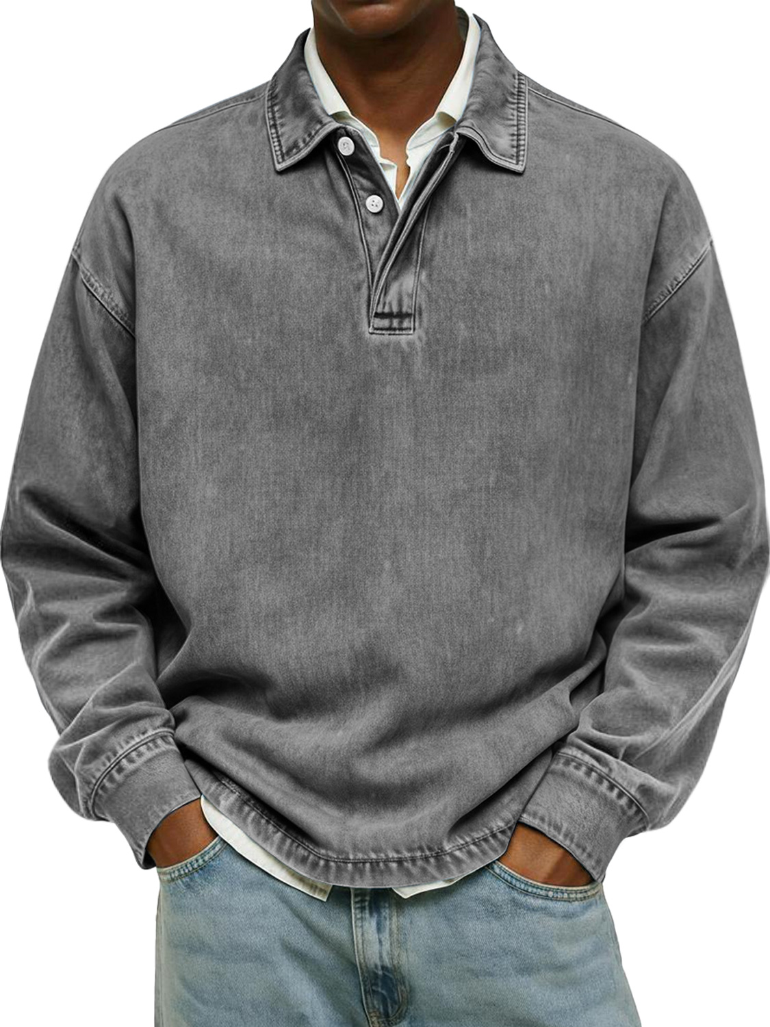 Men's Retro Collar Button Casual Long-Sleeve Polo Shirt