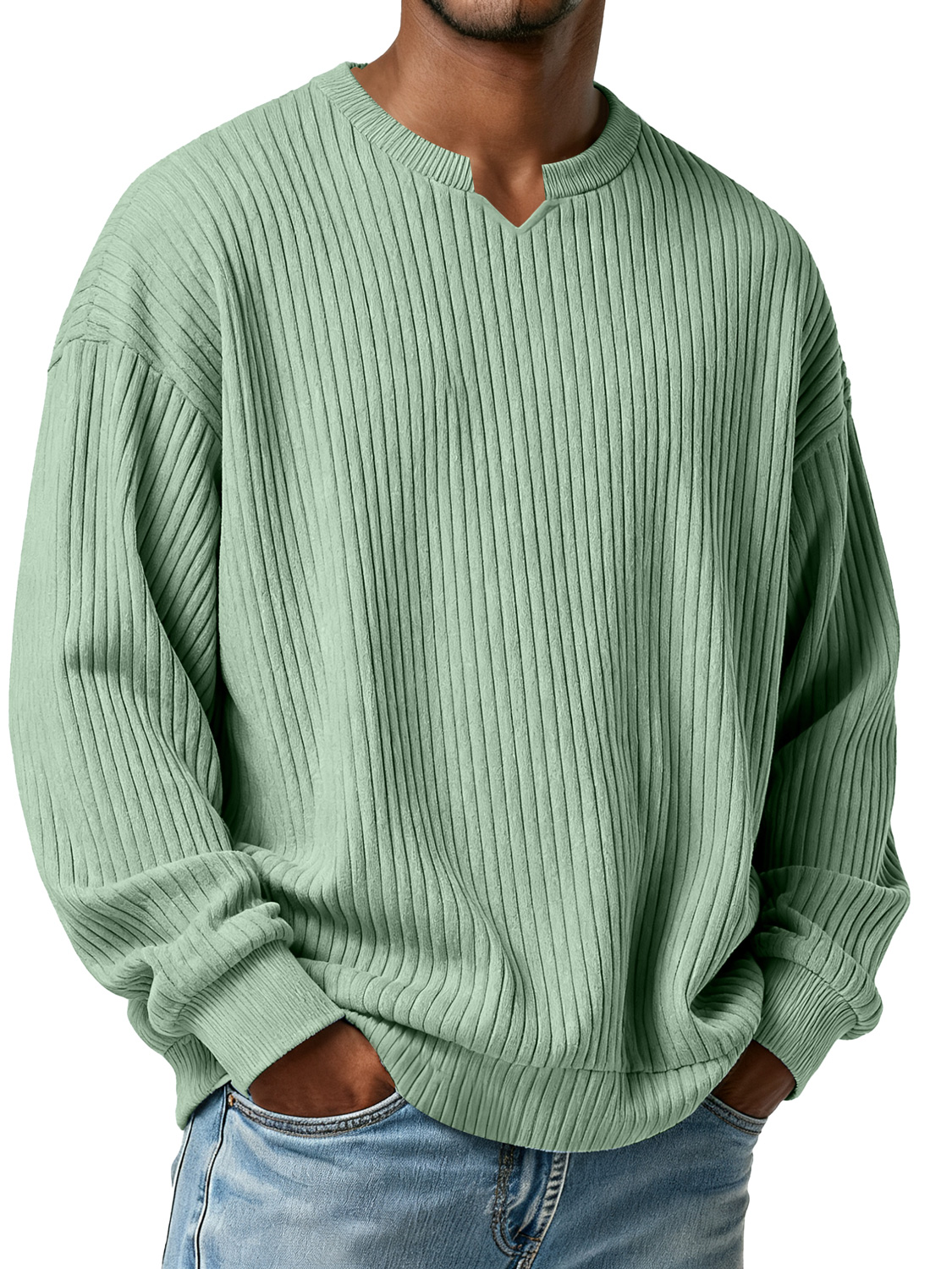 Men's Simple Vertical Ribbed Small V-neck Casual Loose Long-sleeved T-shirt