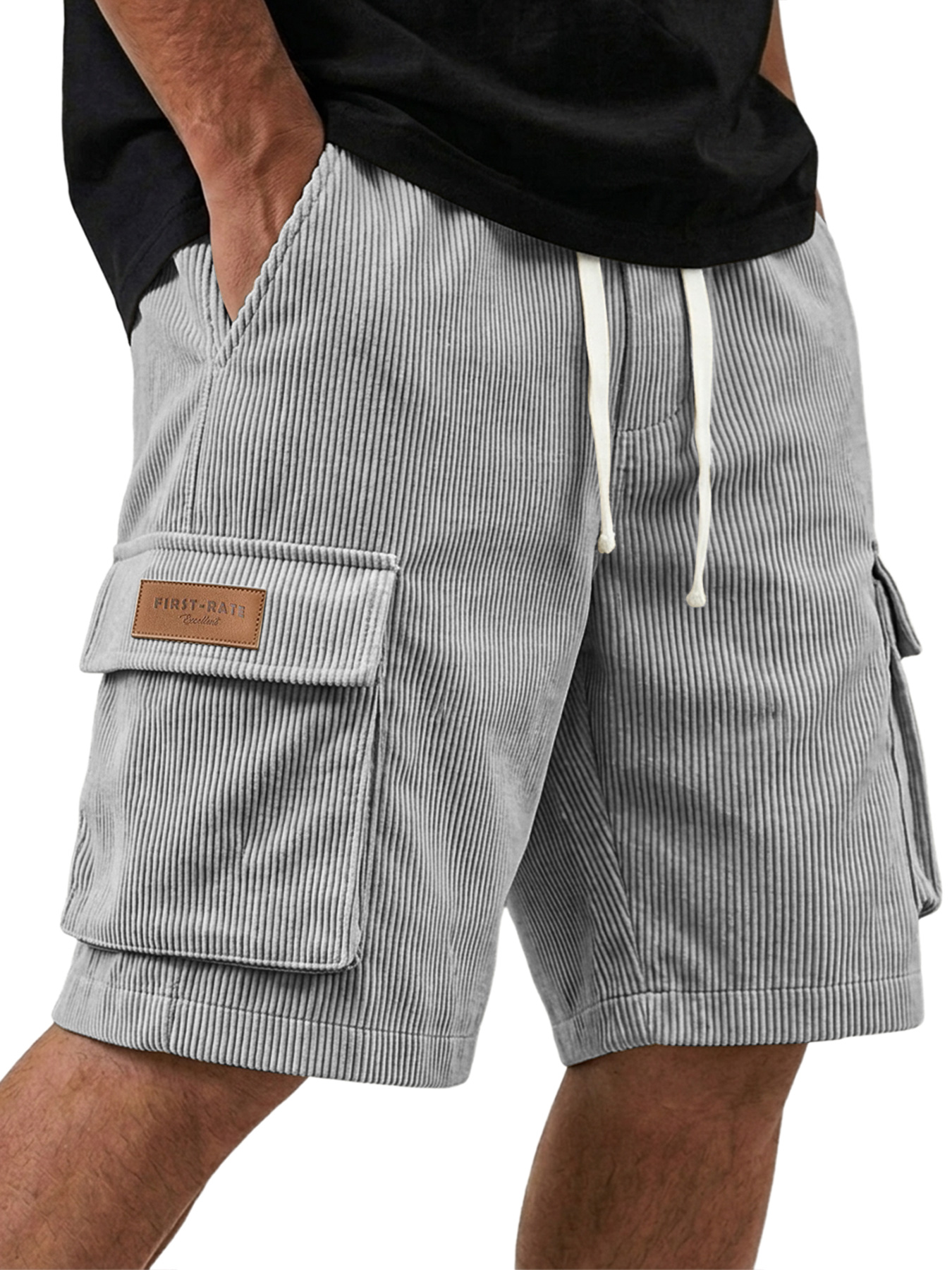 Men's Corduroy Multi-Pocket Embroidered Tag Casual Shorts