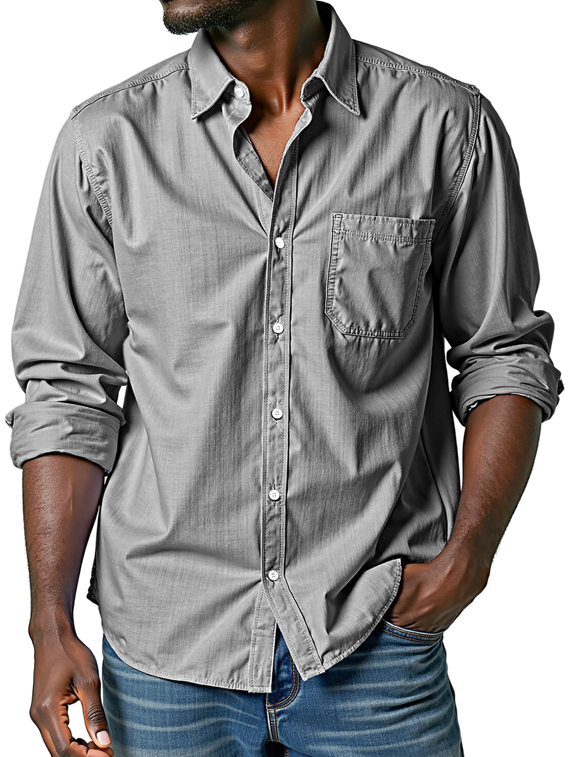 Men's Comfortable Lapel Casual Solid Color Long-sleeved Shirt