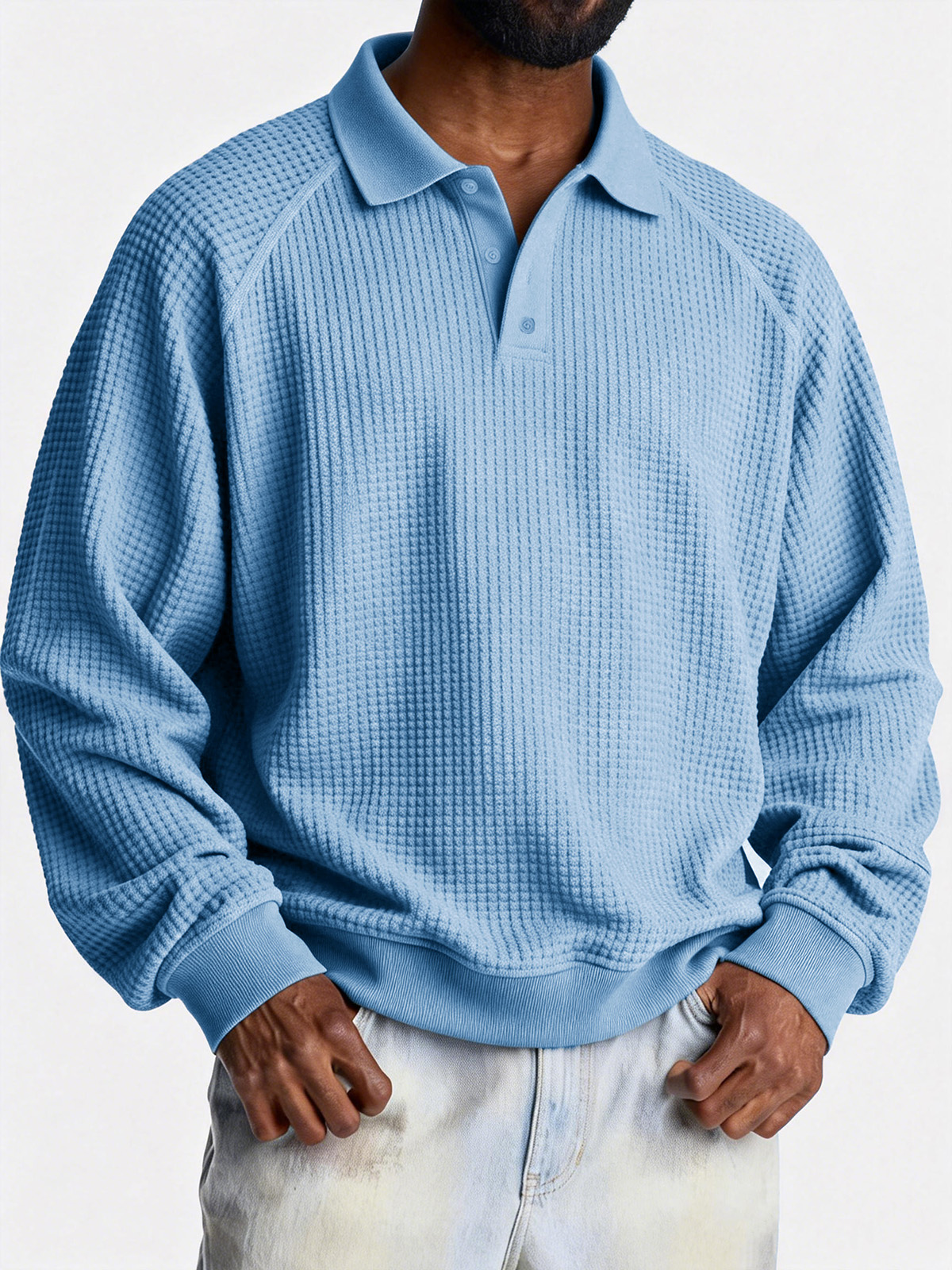 Men's Fashionable Casual Waffle Fabric Raglan Loose-Fit Collar Polo Shirt