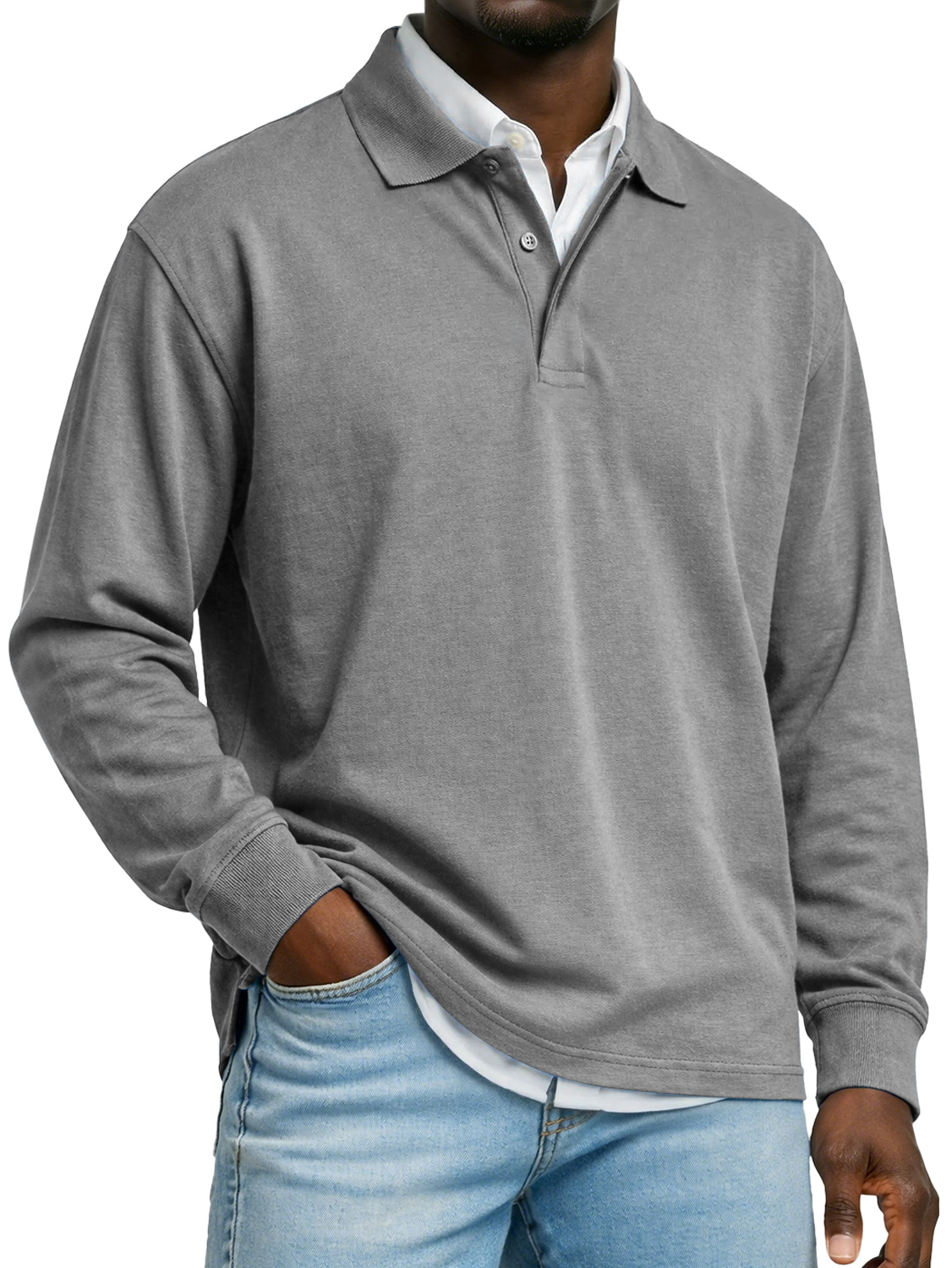 Men's Pure Cotton Long-sleeved Casual Polo Shirt With A Double-layered Placket And Collar Design