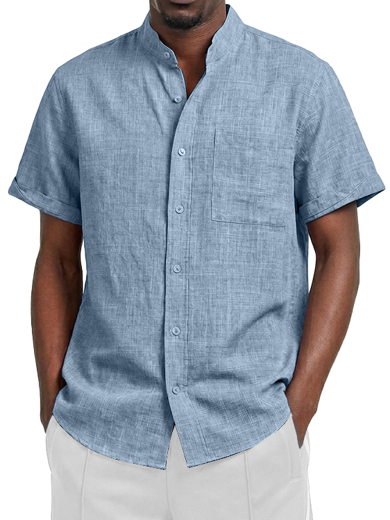 Men's Linen Casual Stand Collar Pocket Short-Sleeve Shirt