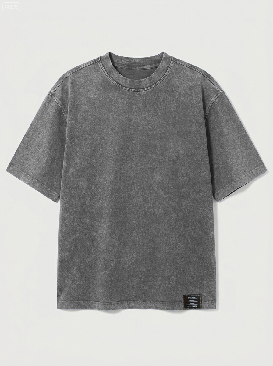 100% Cotton Vintage Casual Washed & Distressed Embroidered Logo Crew Neck Short-Sleeve T-Shirt