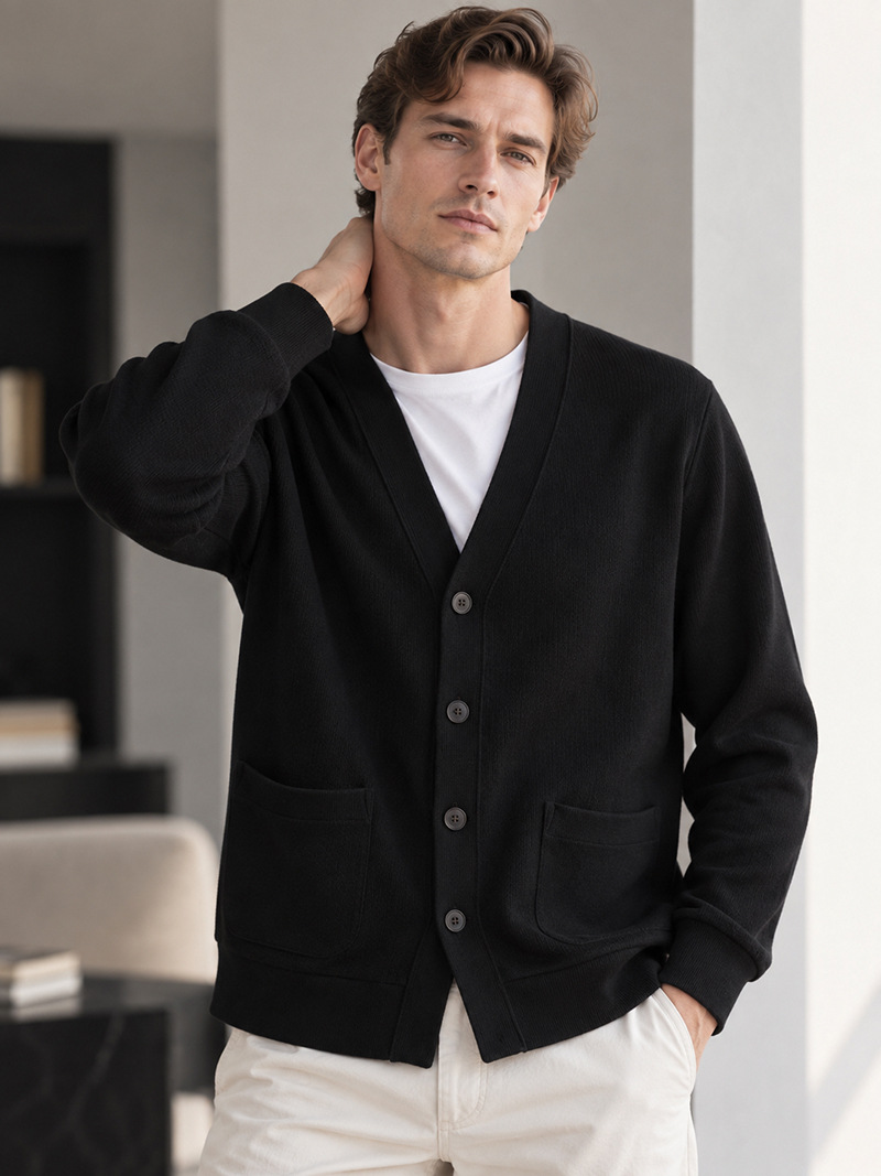 Men's V-Neck Long-Staple Cotton Loose-Fit Knit Cardigan