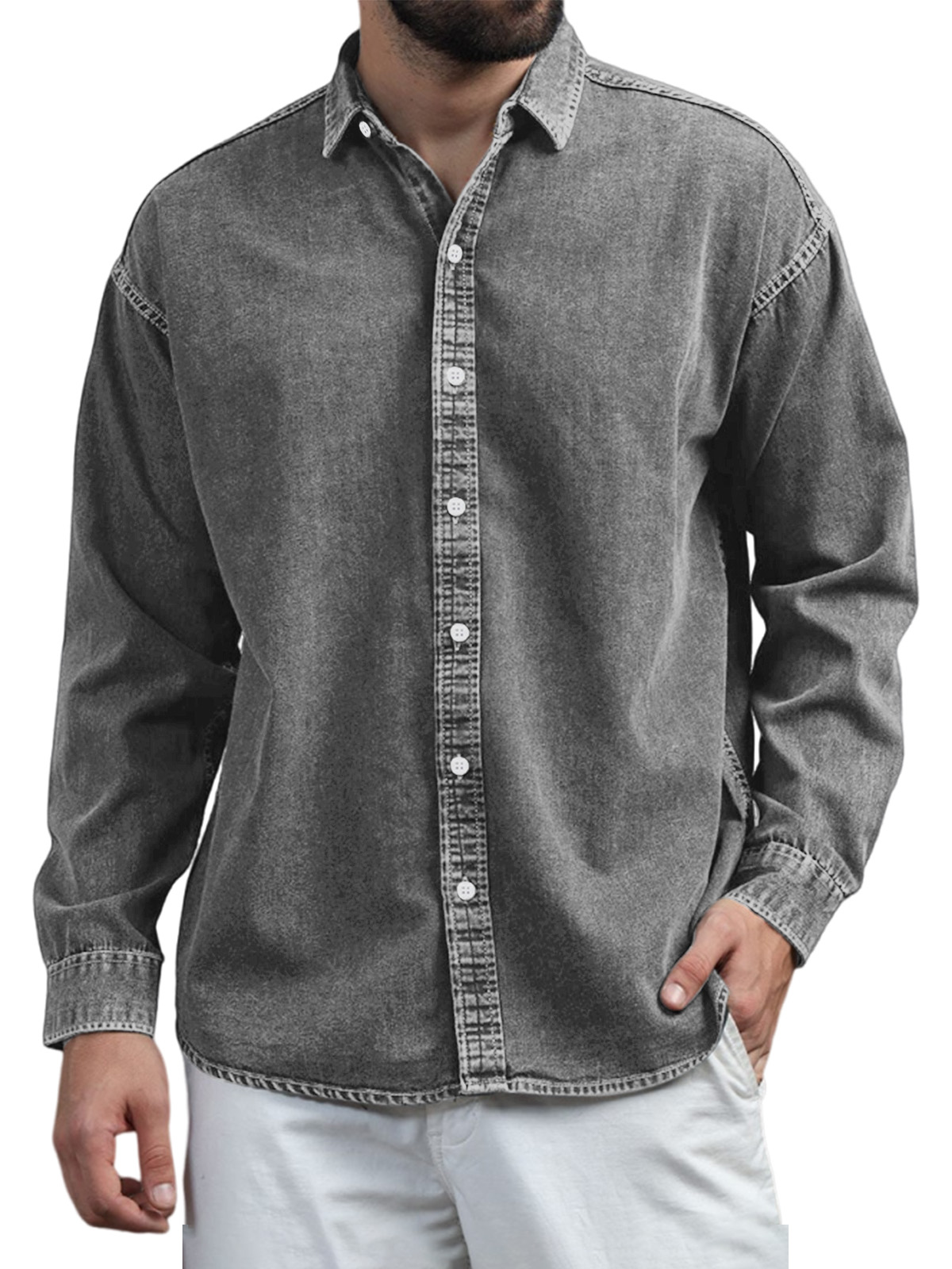 Mens Retro Casual Solid Color Lapel Long Sleeve Shirt