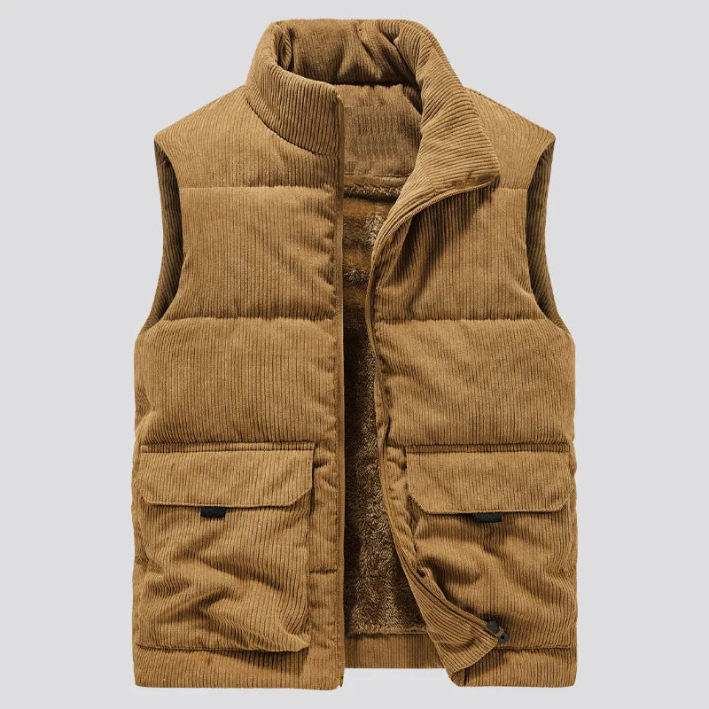 Men's corduroy stand-up collar vest with multiple pockets (fleece-lined and thickened)