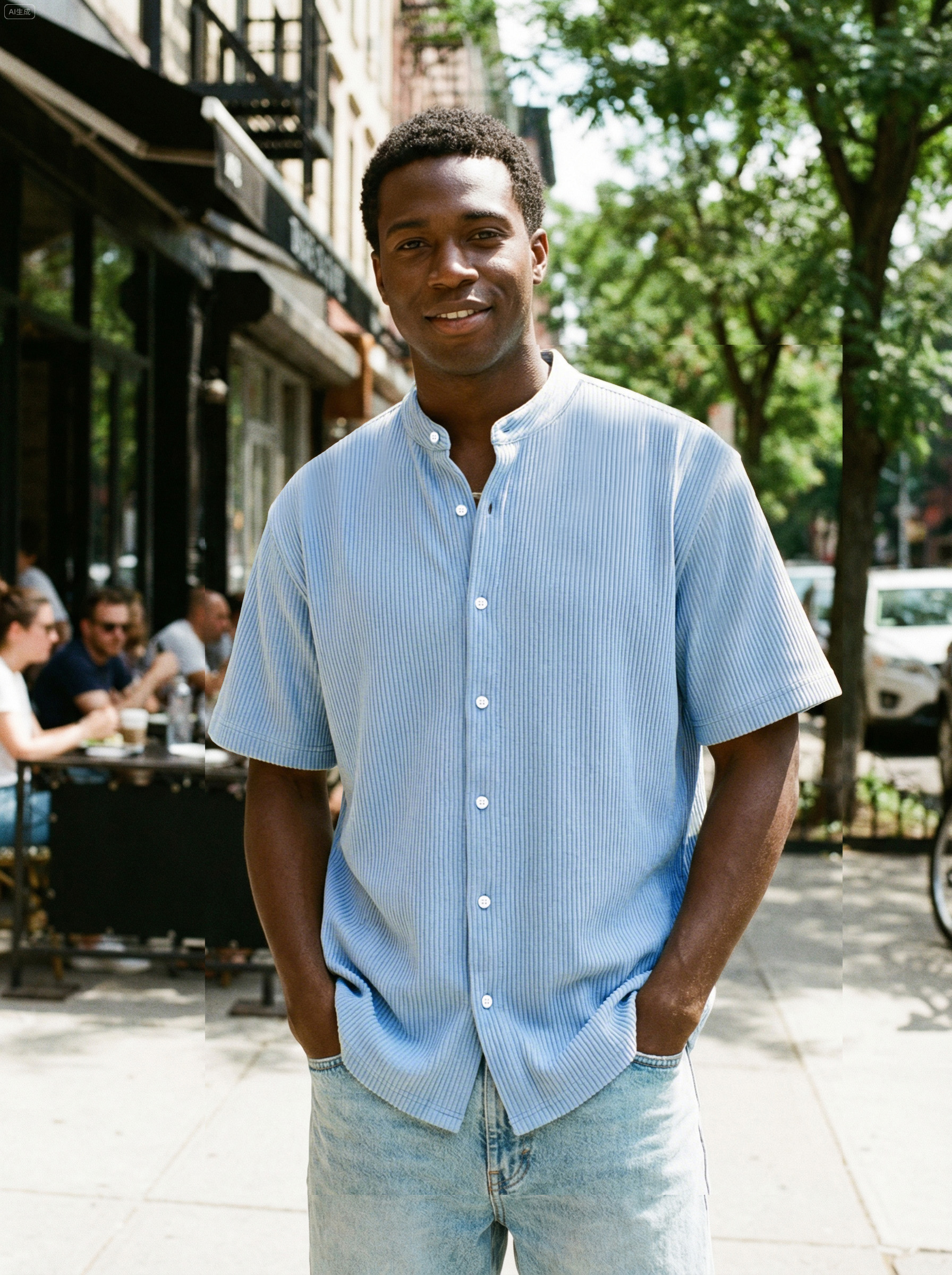 Men's daily simple vertical pit stripe stand collar button short-sleeved shirt