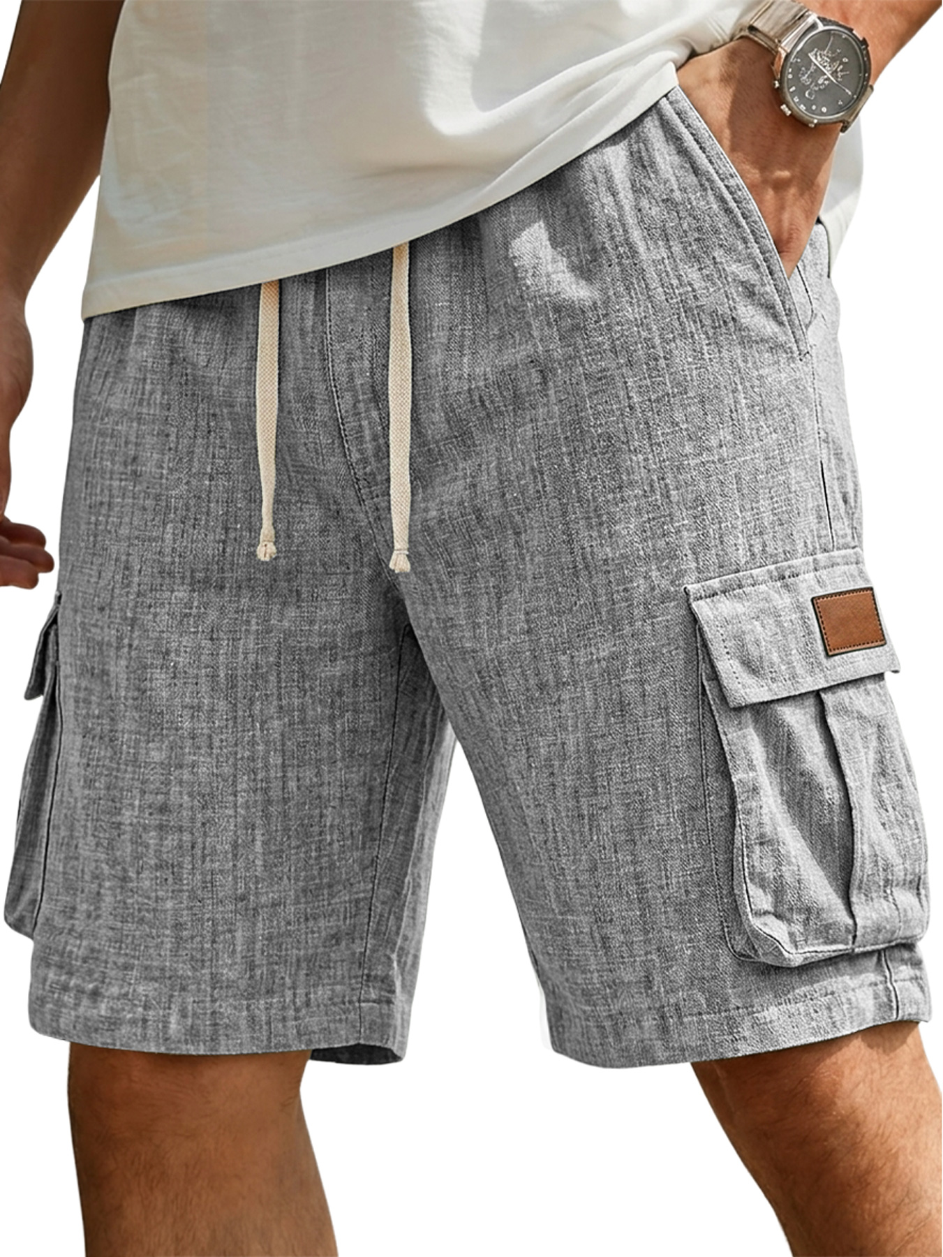 Men's Casual Linen Multi-Pocket Embroidered Logo Cargo Shorts