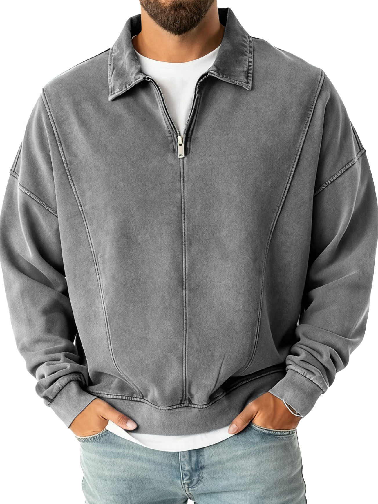 Men's Fashion Casual Stitching Lapel Zippered Polo Shirt