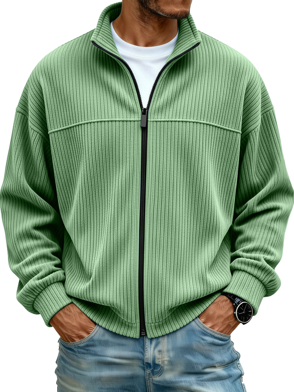 Men's Simple Stand Collar Ribbed Casual Loose-fitting Jacket