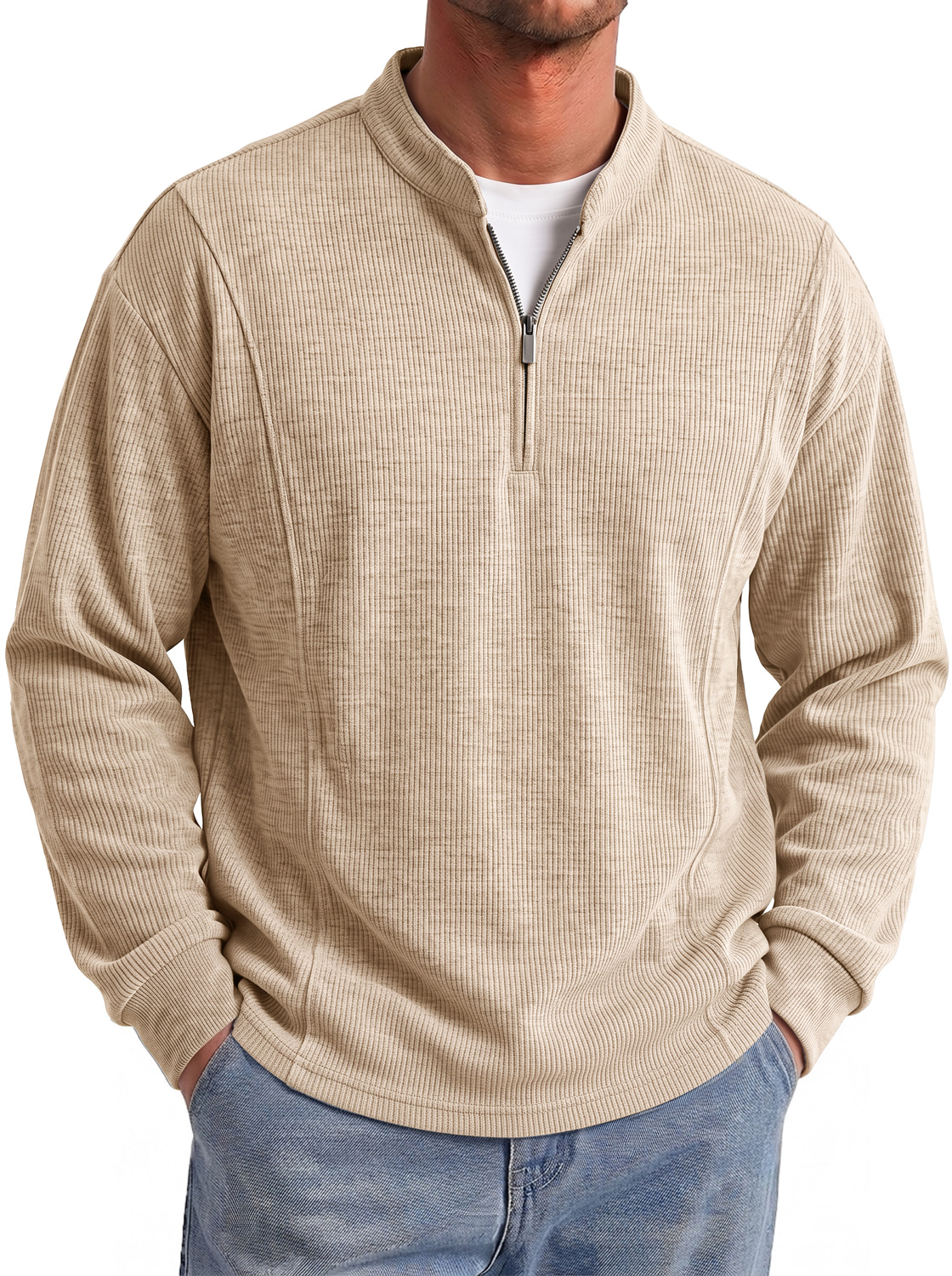 Men's Autumn Ribbed Stand-Collar Zip-Front Casual Long-Sleeve T-Shirt