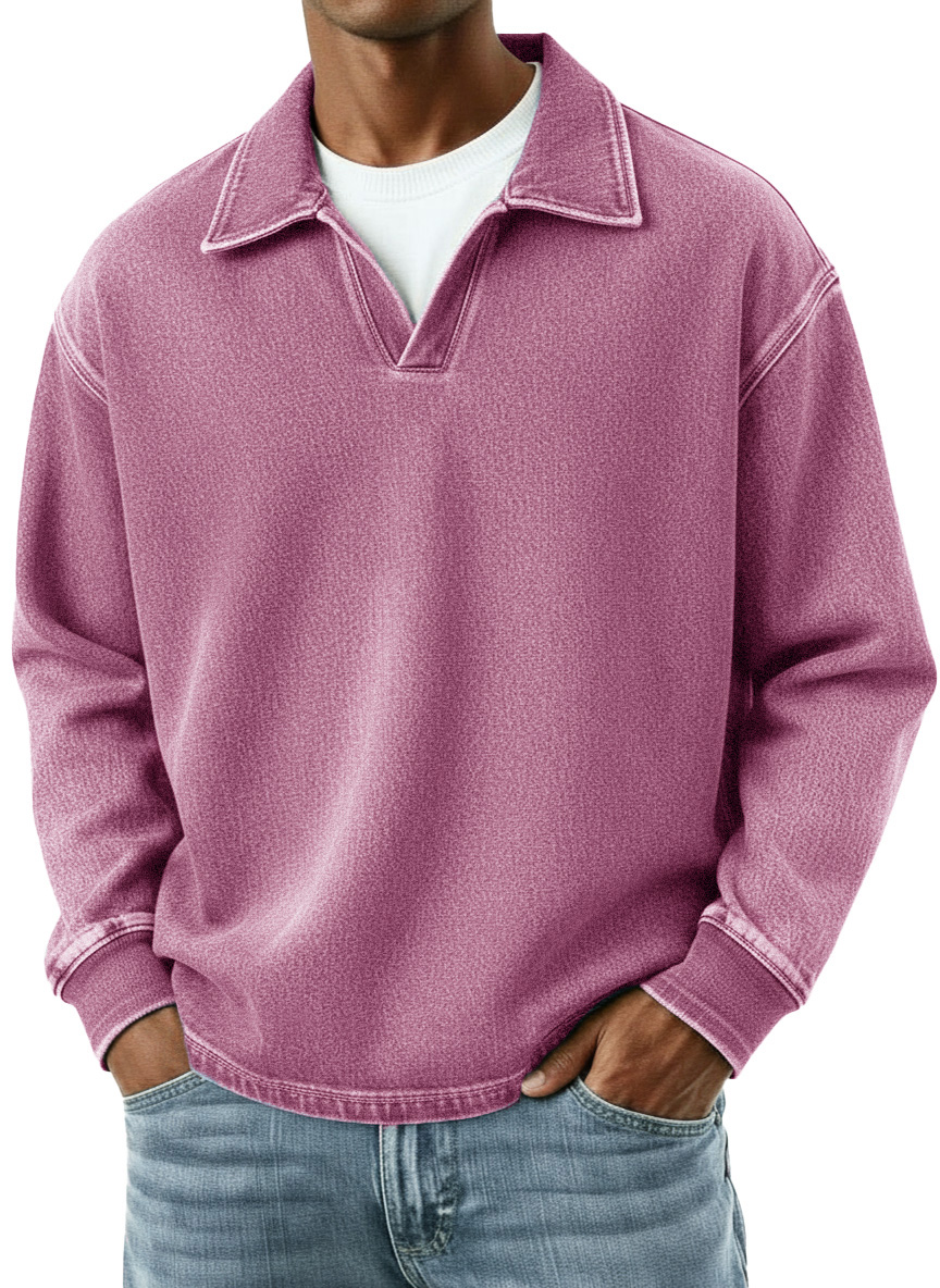 Men's Distressed Retro Fashion Lapel V-Neck Long-Sleeve Polo Shirt