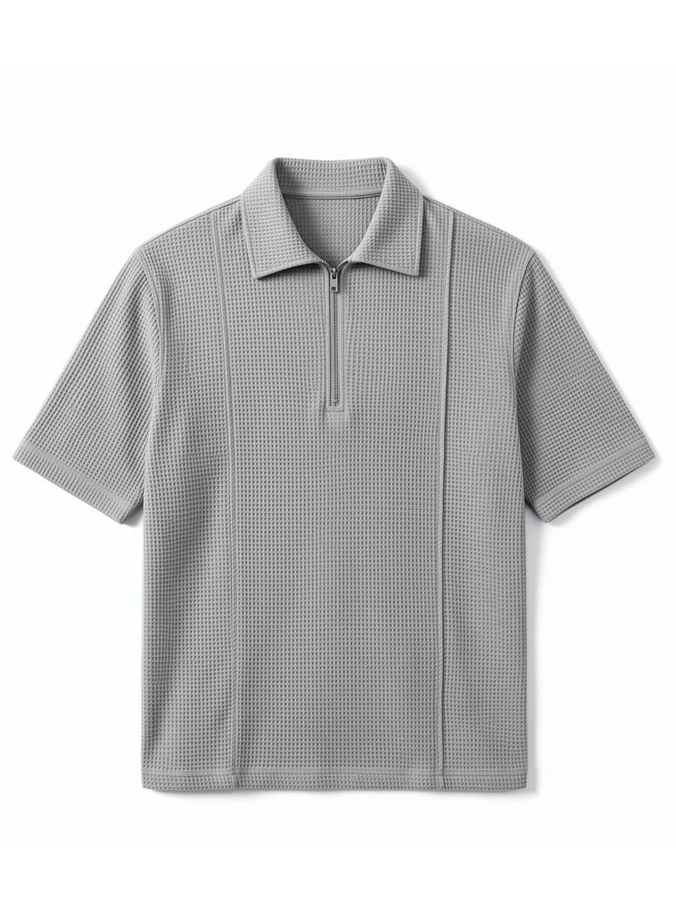 Men's Waffle-Knit Polo Shirt with Zippered Deconstructed Design