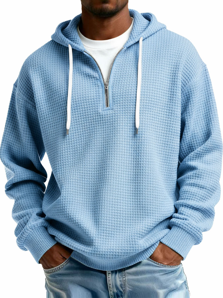 Men's Stylish Casual Waffle Fabric Half-zip Hooded Sweatshirt 