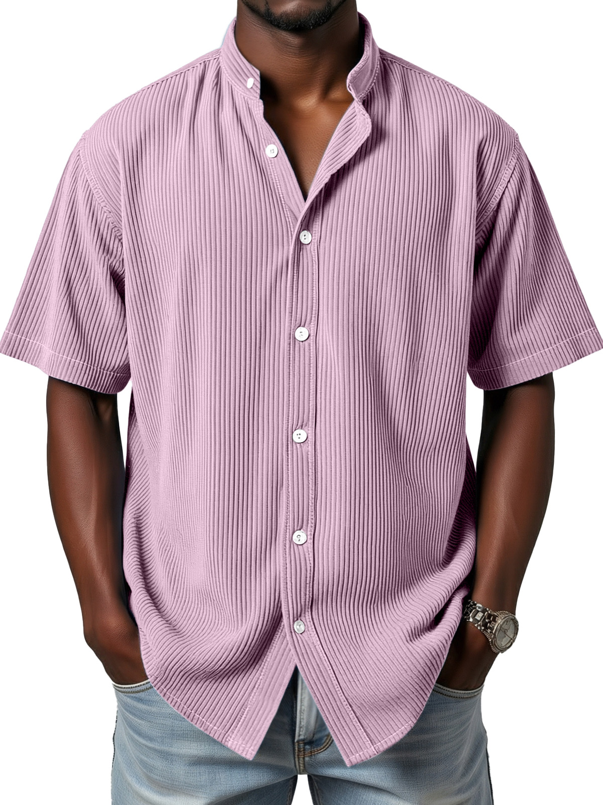 Men's daily simple vertical pit stripe stand collar button short-sleeved shirt