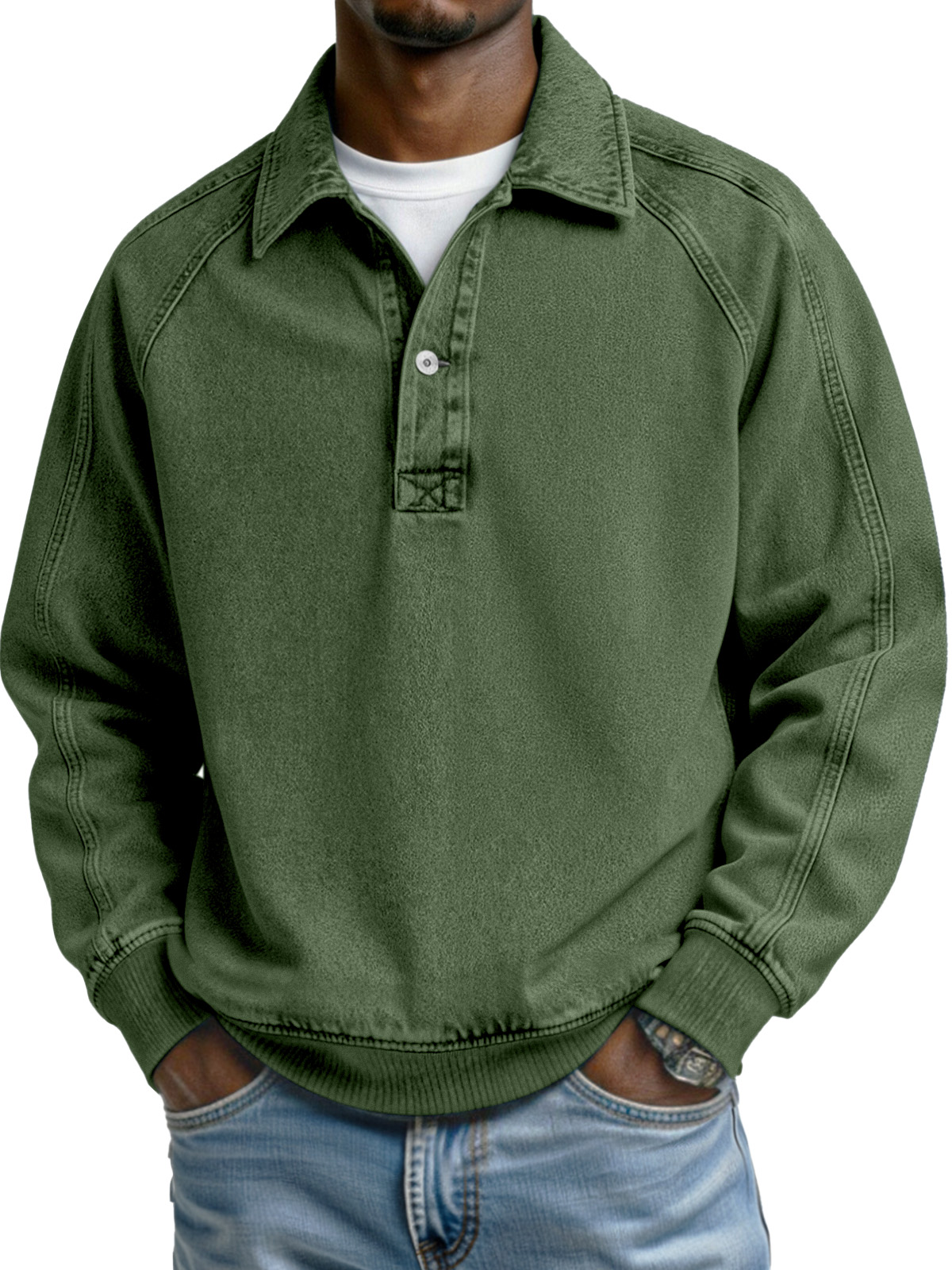 Retro Solid Color Patchwork Design Button Lapel Long-sleeved Polo Shirt