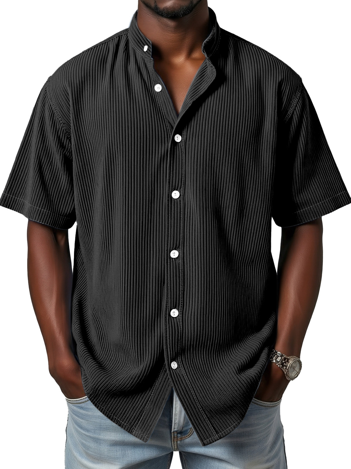 Men's daily simple vertical pit stripe stand collar button short-sleeved shirt
