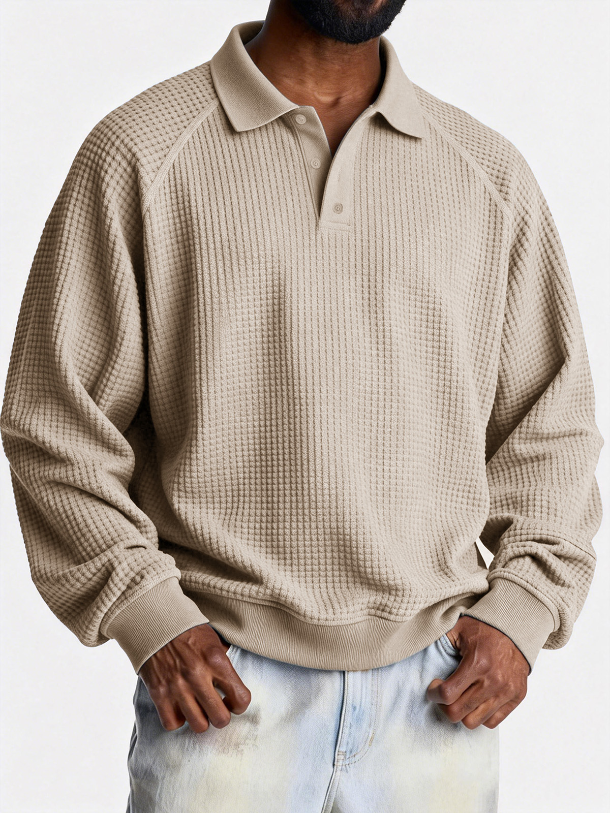 Men's Fashionable Casual Waffle Fabric Raglan Loose-Fit Collar Polo Shirt
