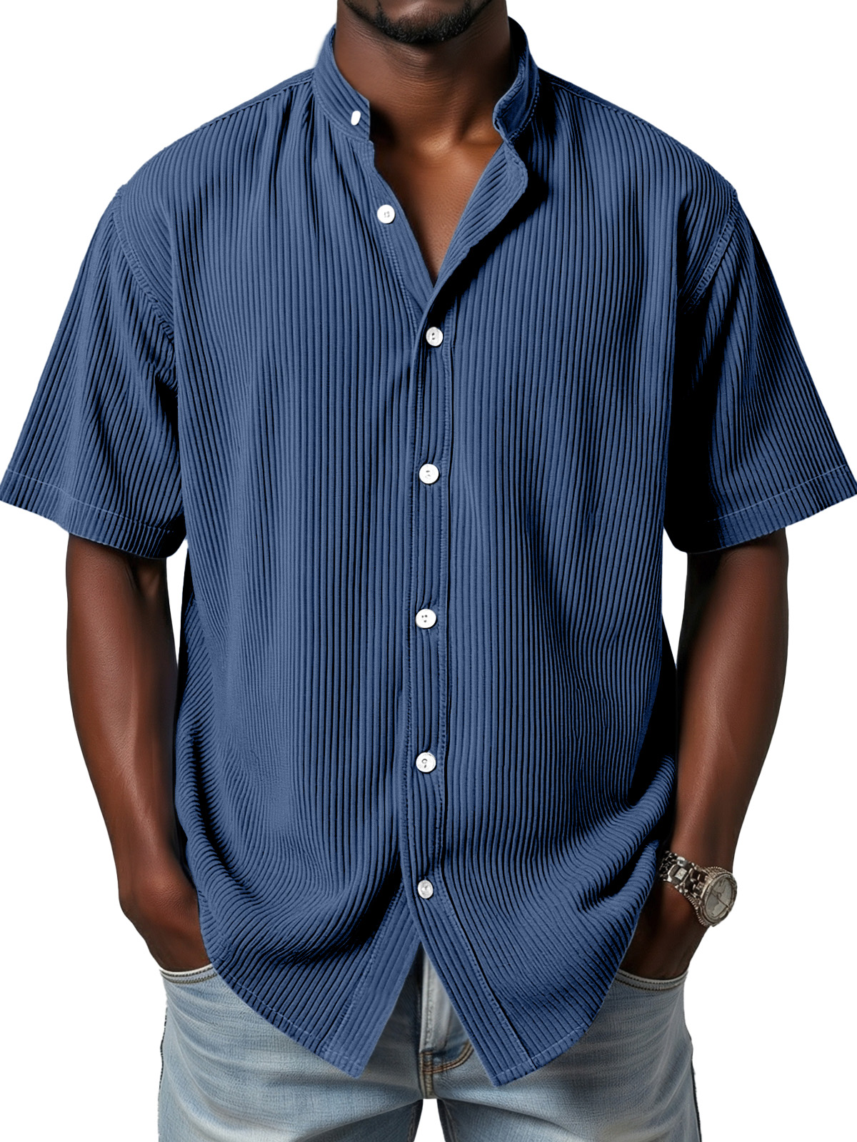 Men's daily simple vertical pit stripe stand collar button short-sleeved shirt