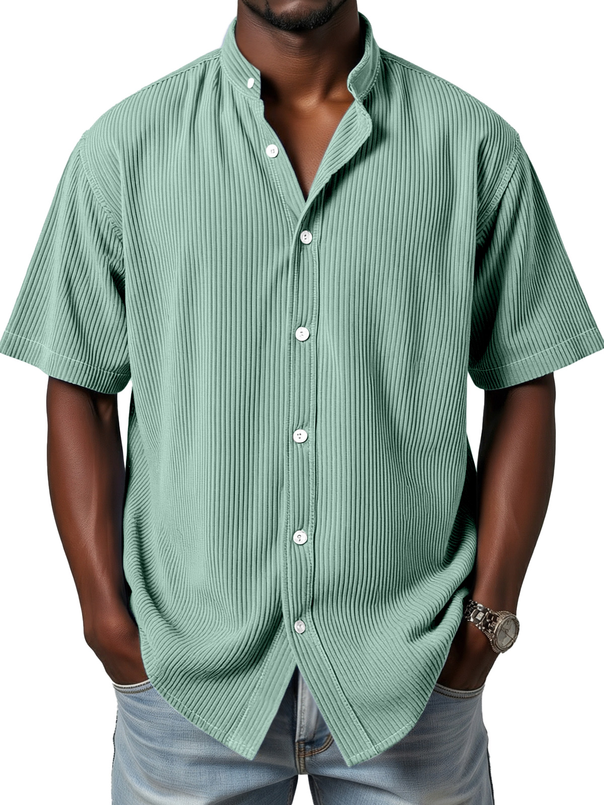 Men's daily simple vertical pit stripe stand collar button short-sleeved shirt