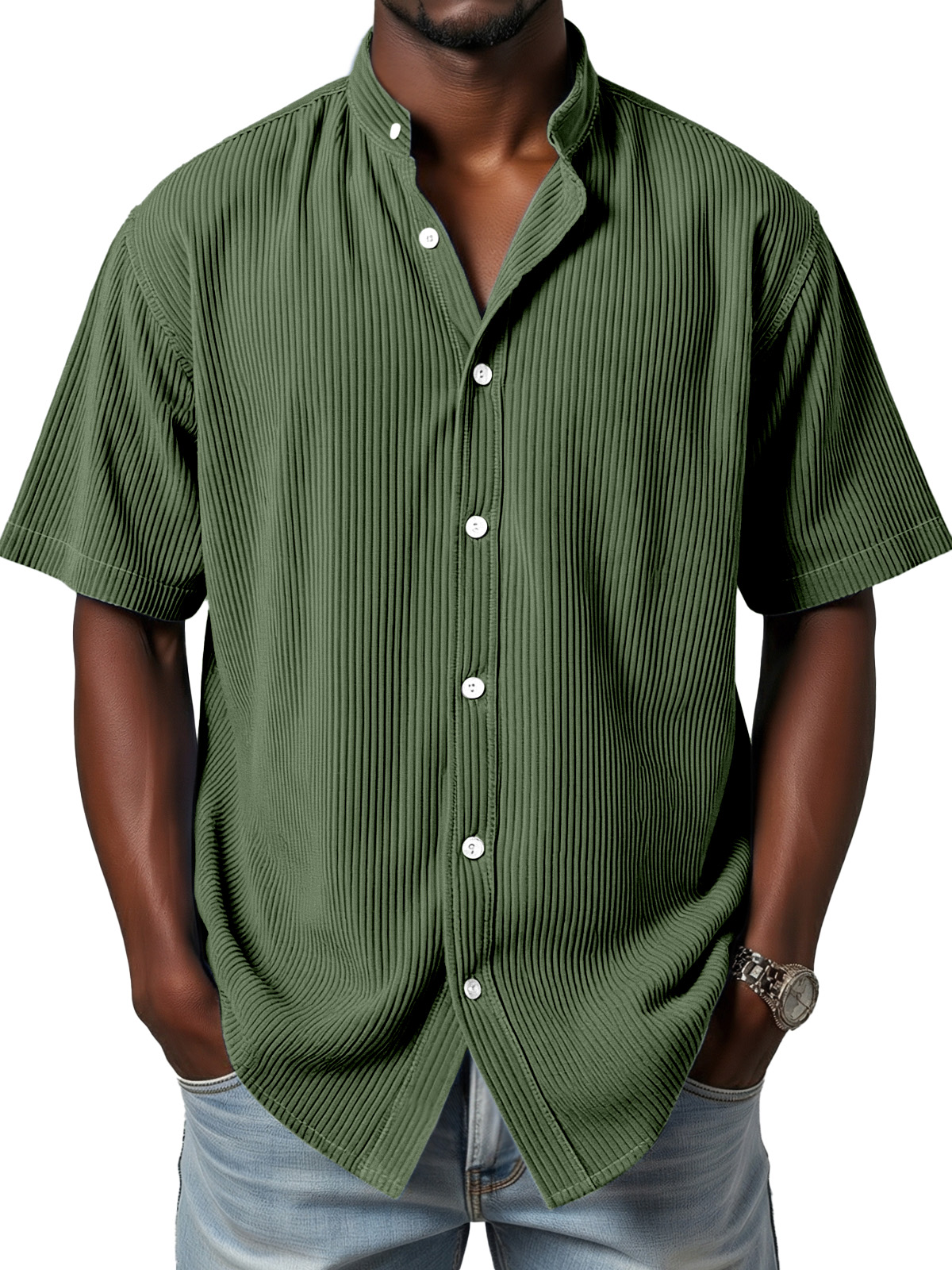 Men's daily simple vertical pit stripe stand collar button short-sleeved shirt