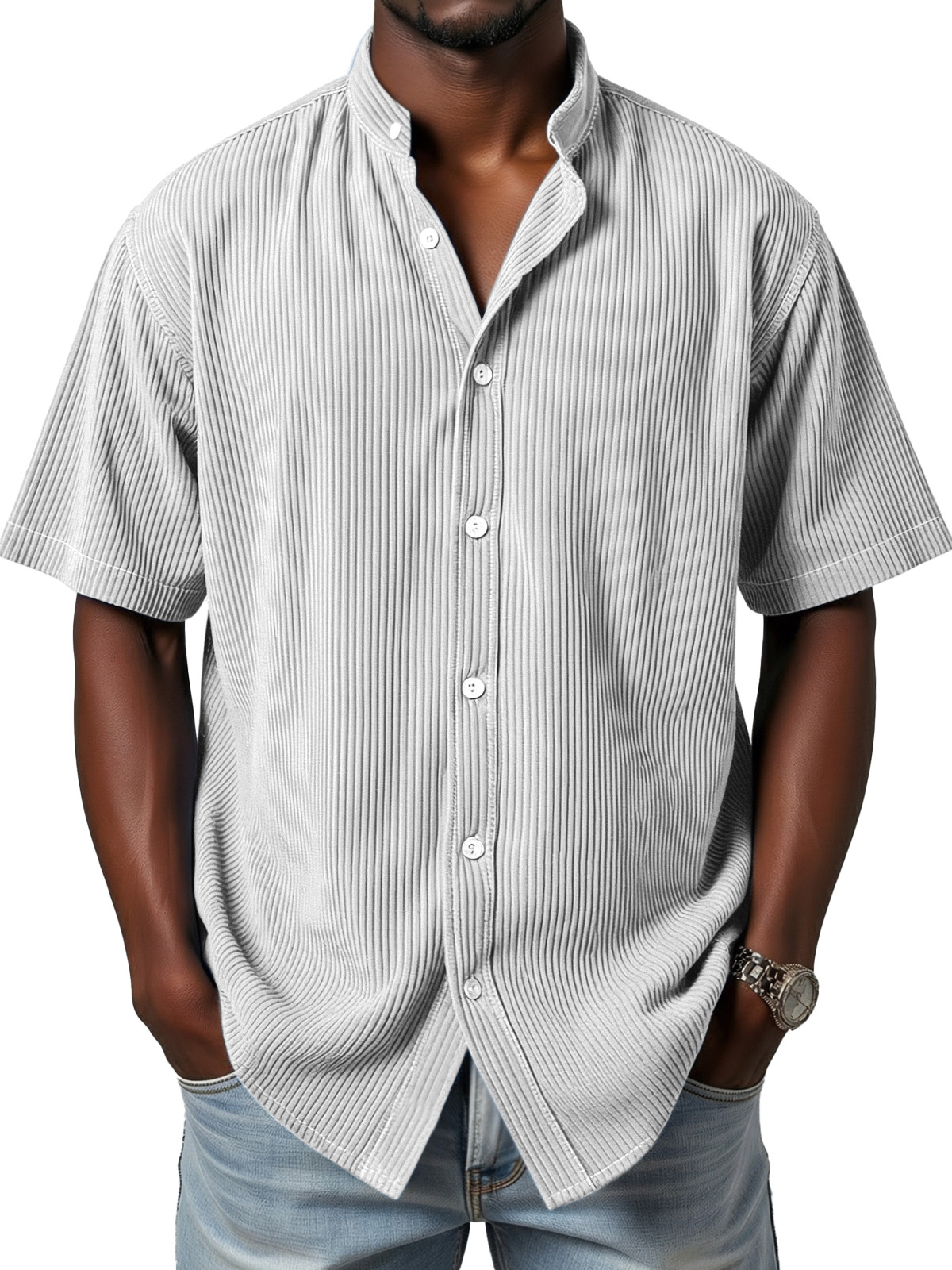 Men's daily simple vertical pit stripe stand collar button short-sleeved shirt