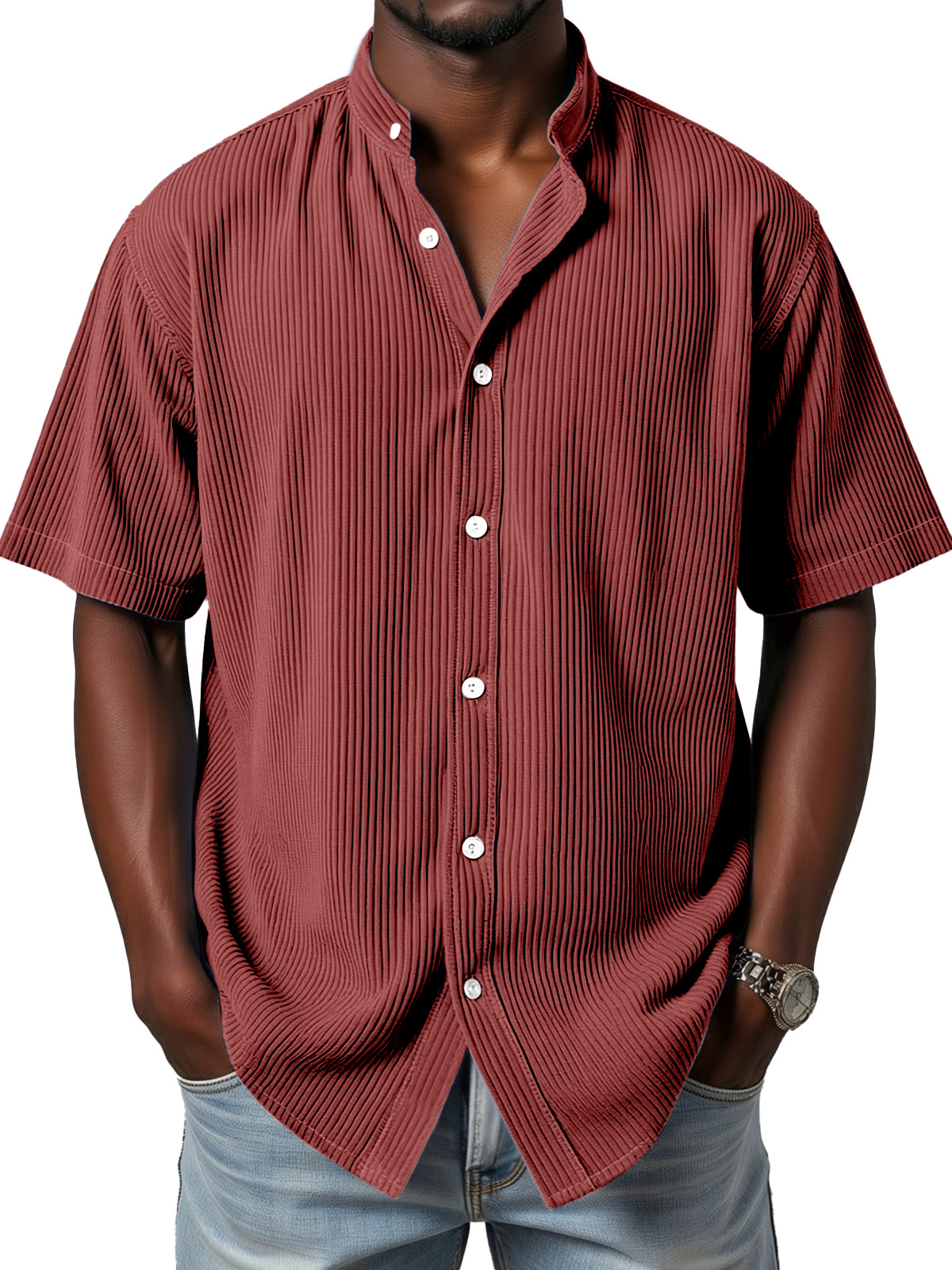 Men's daily simple vertical pit stripe stand collar button short-sleeved shirt