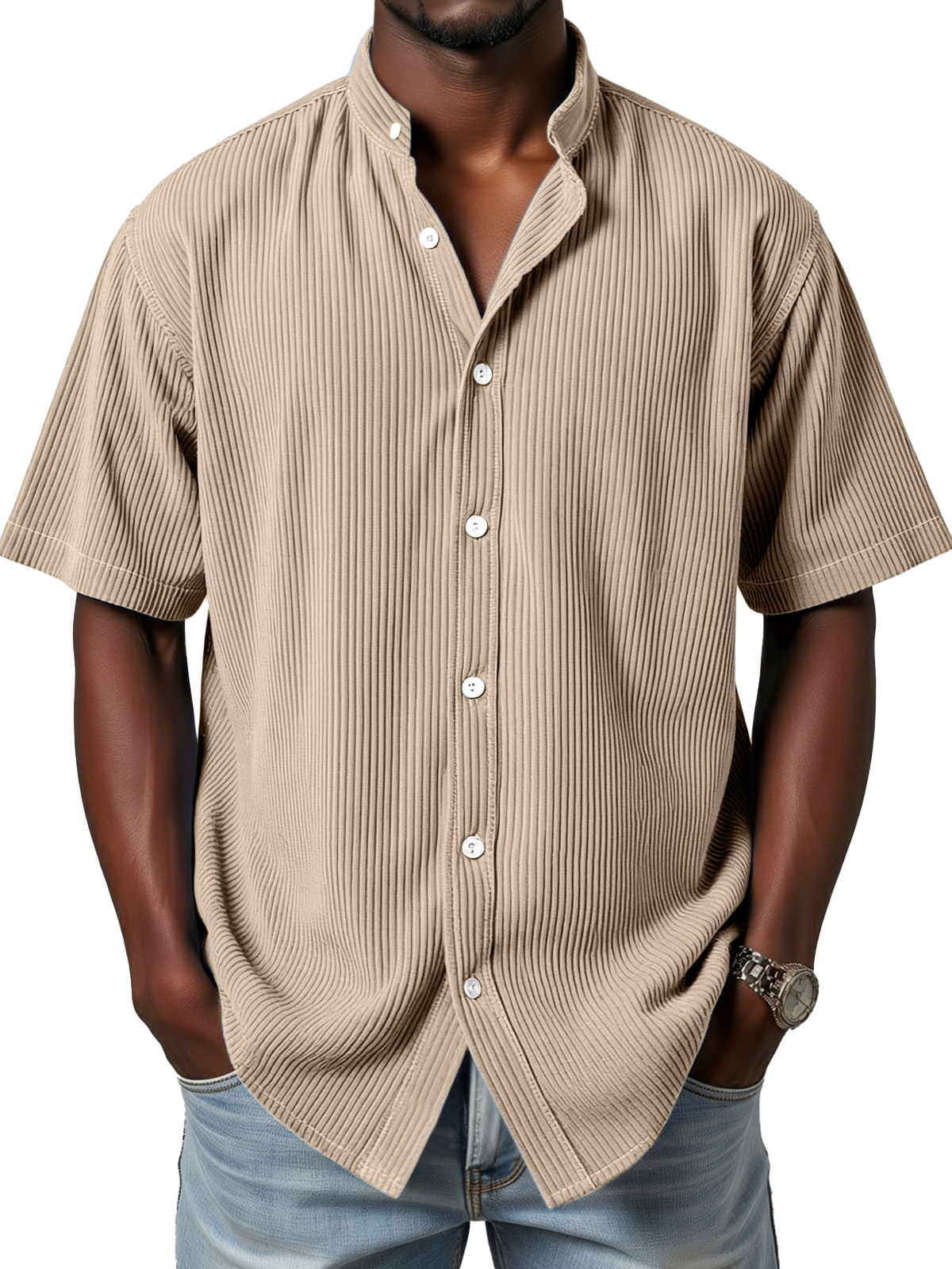 Men's daily simple vertical pit stripe stand collar button short-sleeved shirt